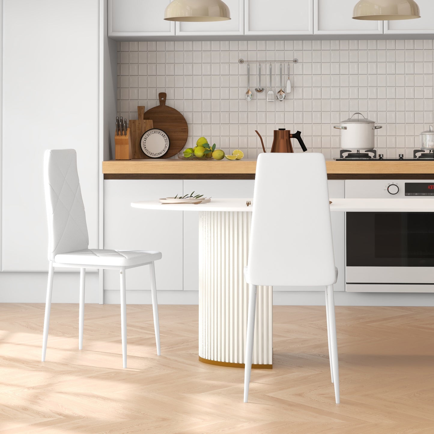 Set de 2 Scaune de Dining Moderne cu Spătar Înalt din Piele Ecologică și Oțel, 41x50x97 cm, Alb