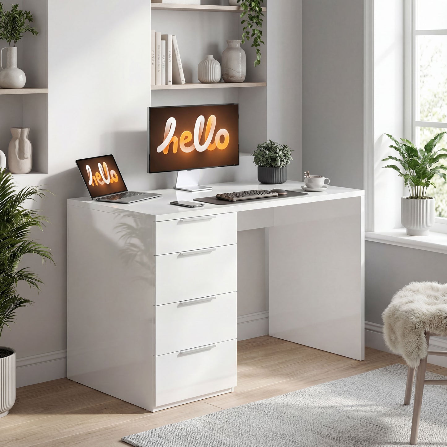Birou Compact, 110x61.5x75 cm, Birou Modern cu 4 Sertare, Masă pentru Computer, pentru Acasă, Studiu, Cameră sau Birou, Alb Lucios