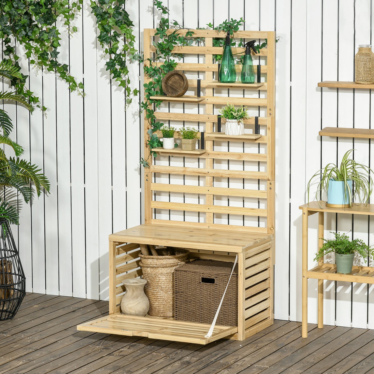 Bancă de Depozitare pentru Grădină din Lemn de Brad cu Spalier Integrat și 4 Rafturi, Bancă de Depozitare Exterior Impermeabilă cu Închidere Magnetică, 80x45x160 cm, Culoare Lemn