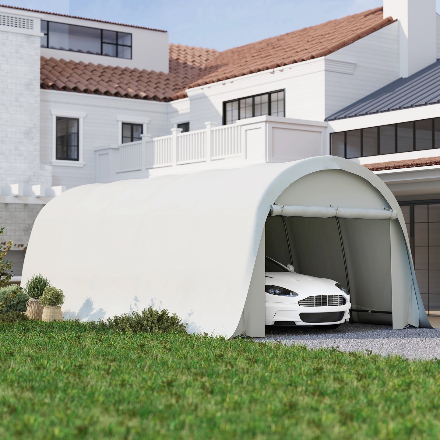 Carport 3,6 x 7,2 m Rezistent, Garaj Portabil cu Protecție Solară UPF50+, Cadru Galvanizat, Ușă Mare Rulantă pentru Mașini, Camioane, Bărci, Motociclete, Biciclete, Alb Crem