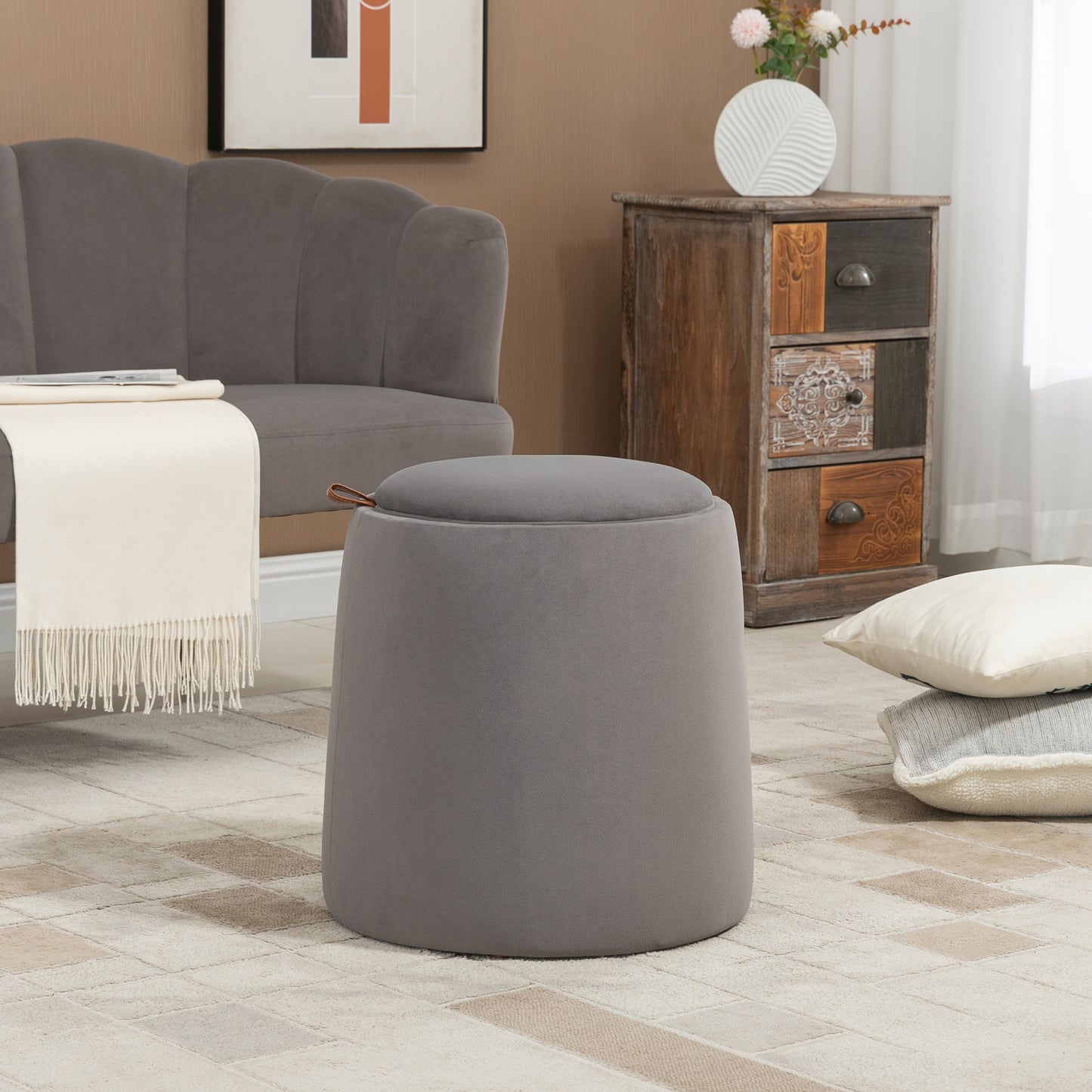 Otomana rotunda cu tava superioara, taburet din material textil cu atingere catifea, masuta de cafea mica cu depozitare pentru sufragerie, dormitor, gri inchis