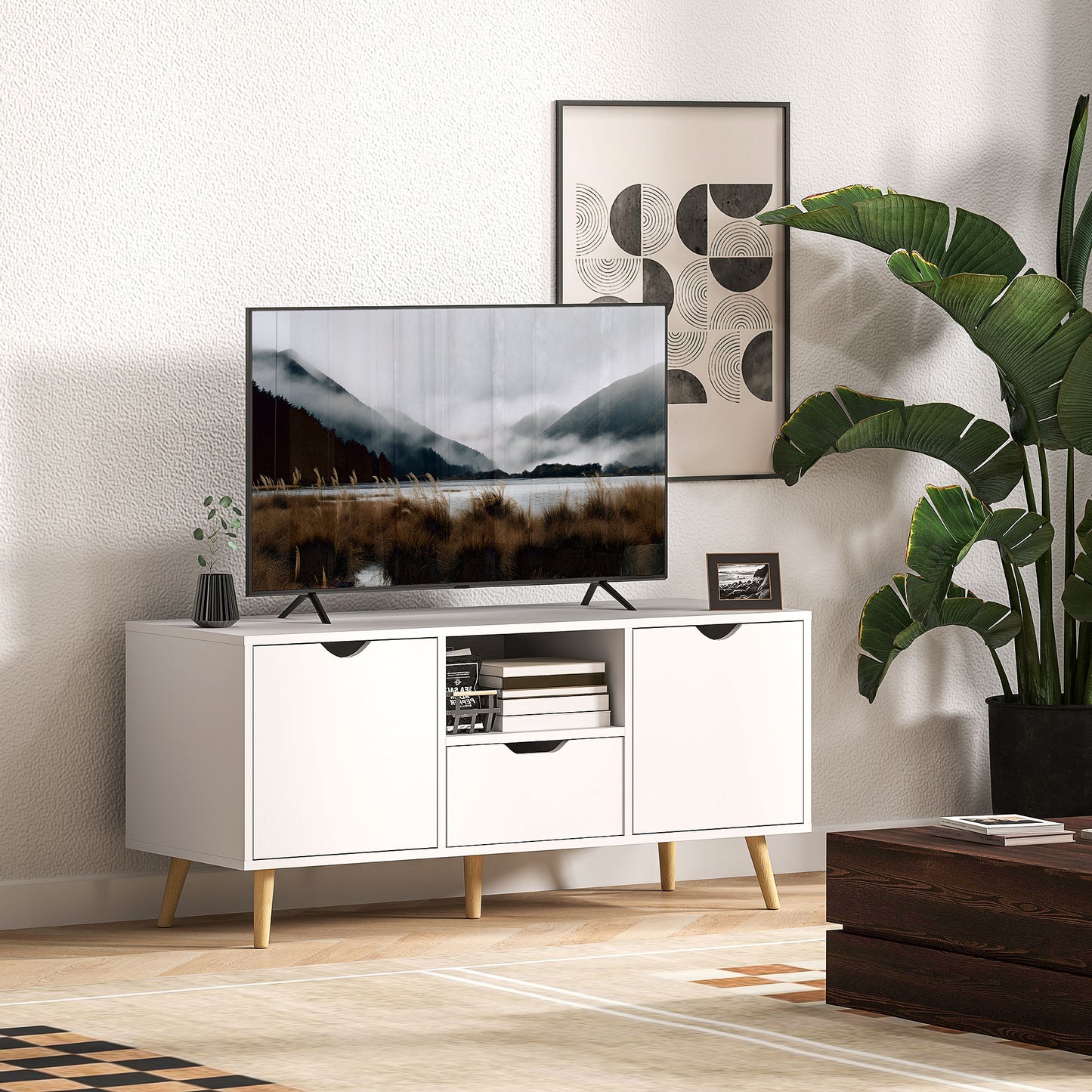 Mobilier TV de 50" cu Sertar, Raft Deschis și 2 Dulapuri, Mobilier TV cu 5 Picioare din Lemn, 110x40x50 cm, Alb