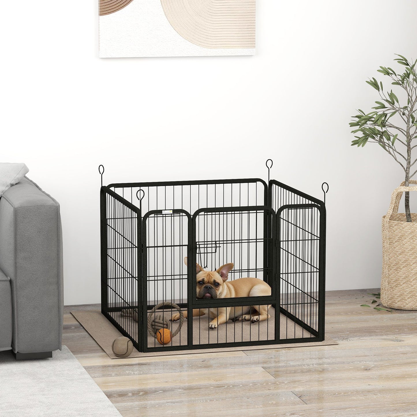 Gard pentru Câini Pliabil din Metal, pentru Interior și Exterior cu Ușă și Țăruși, 82x82x60cm Gri