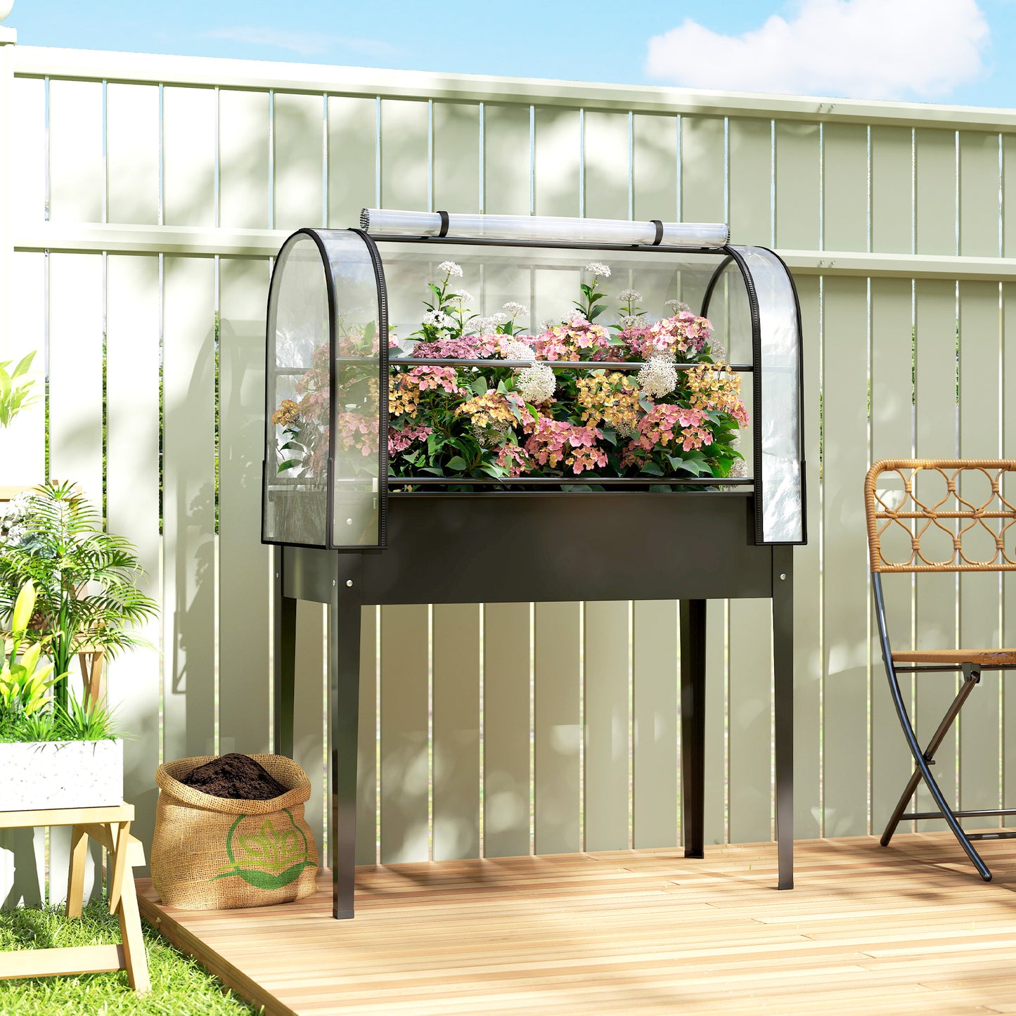 Jardinieră Ridicată cu Mini Sera și Orificiu de Drenare, 100x49x136 cm, Negru