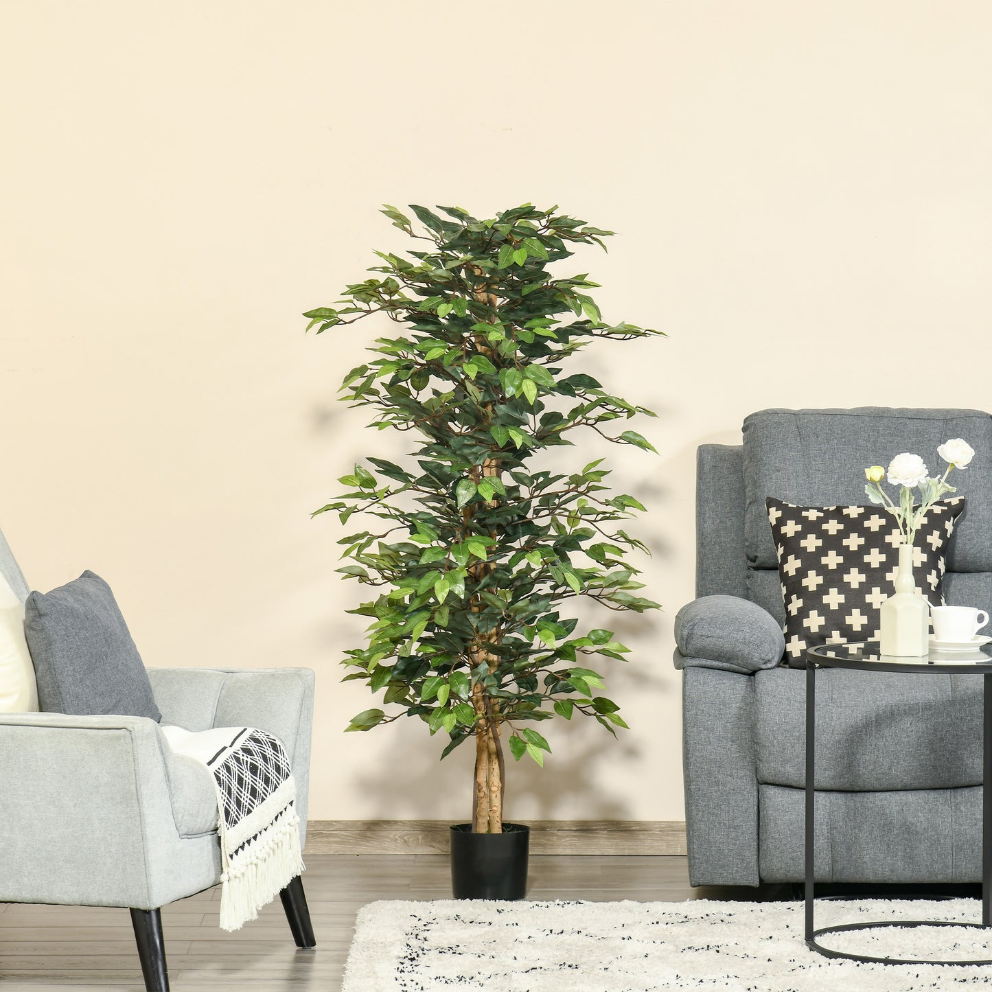 Plantă Ficus Falsă, Plantă Înaltă de 150cm, Plantă Artificială Decorativă pentru Interior și Exterior, Ø17x14.5 cm, Verde