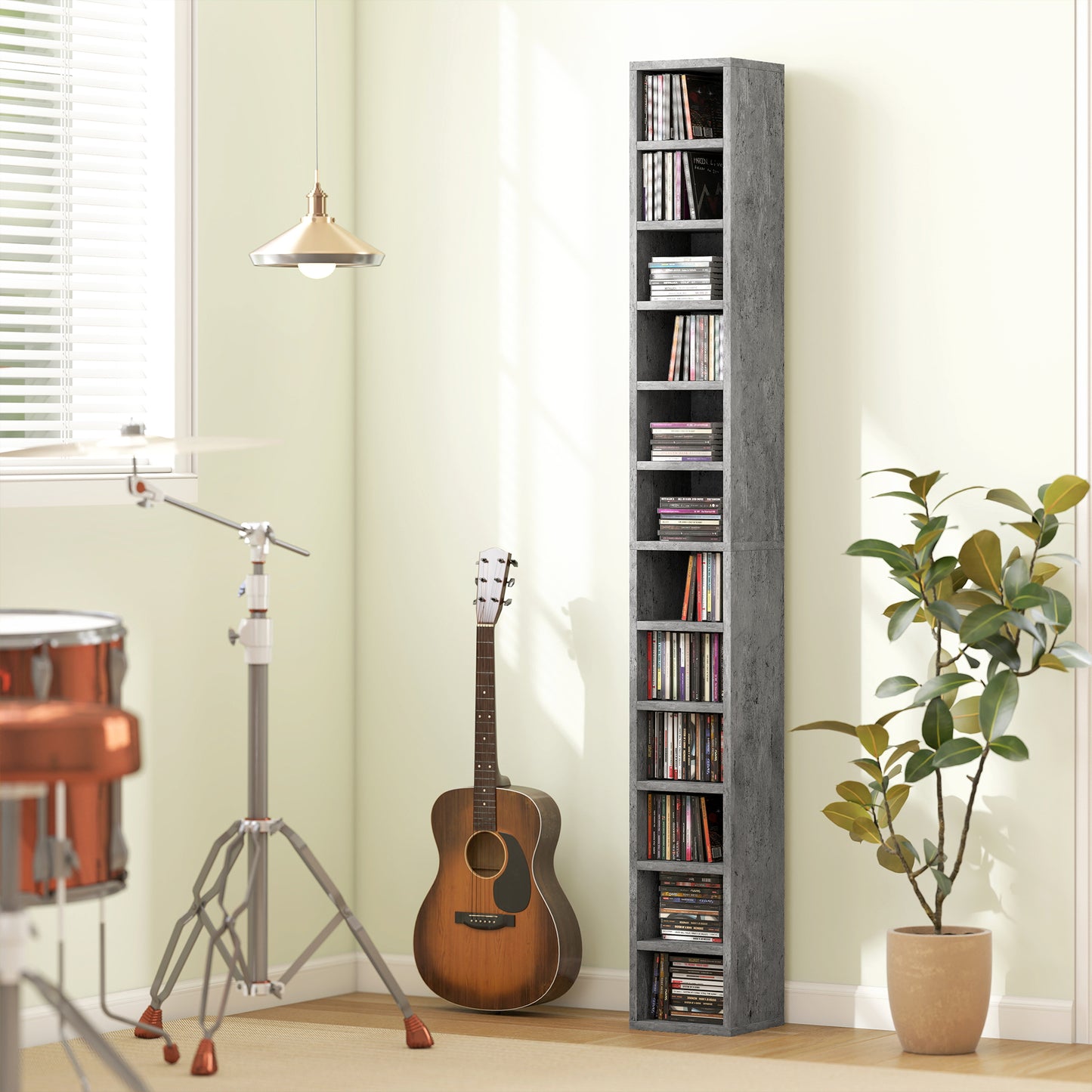Raft Bibliotecă Pentru CD-uri cu 12 Polițe pentru 204 CD-uri, din MDF și PAL, 21 x 20 x 175 cm, Gri