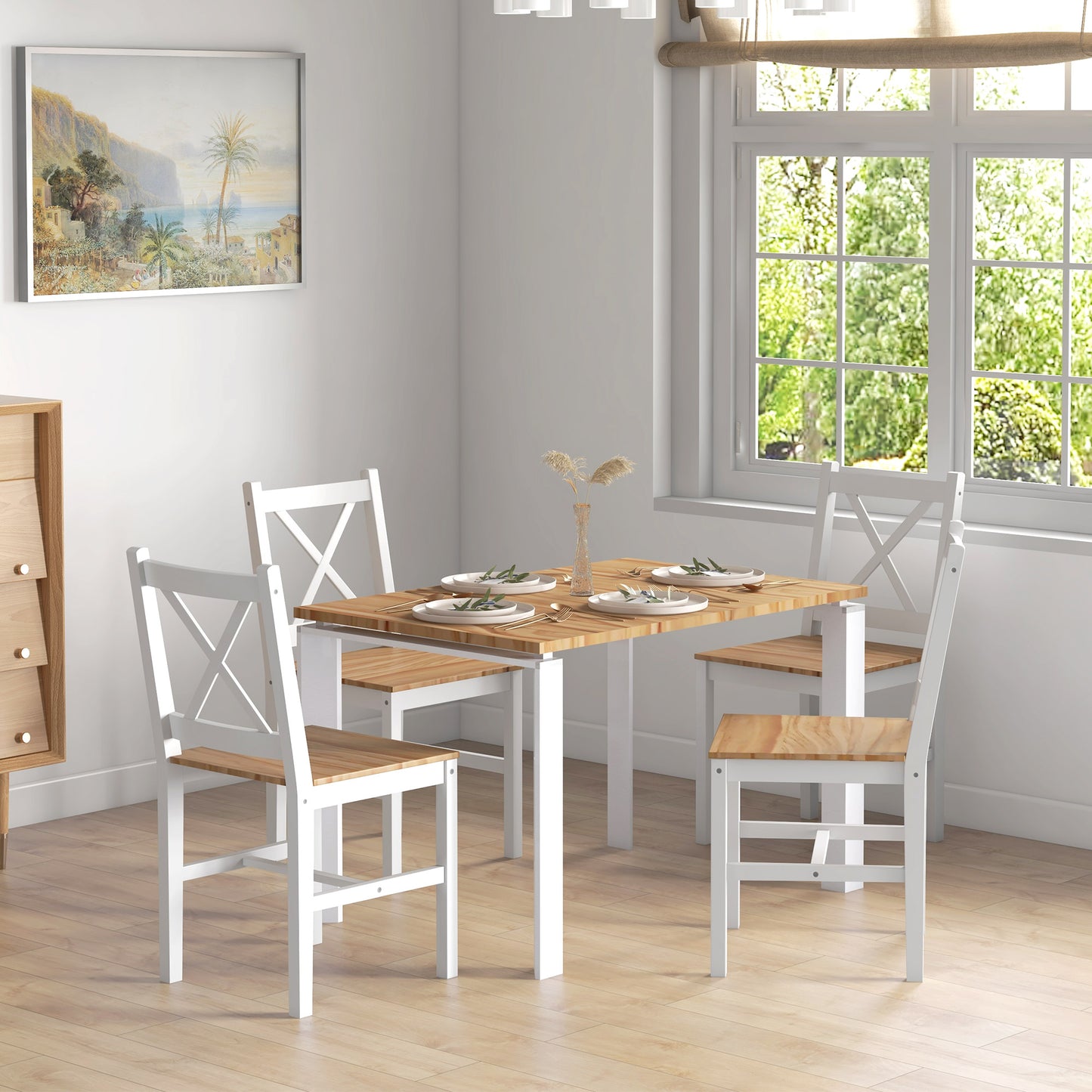 Set 4 Scaune pentru Bucătărie și Living cu Spătar în Formă de Cruce, din Lemn de Pin, 41x46,5x86 cm