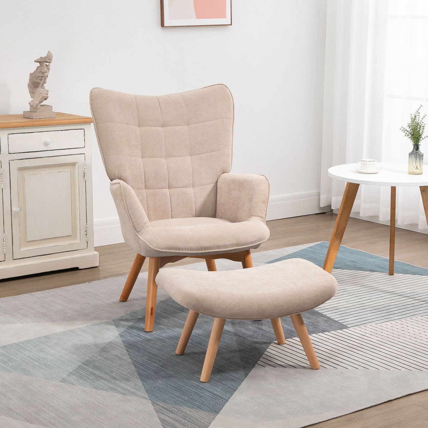 Fotoliu cu Taburet pentru Cameră sau Living din Catifea cu Model Crestat , Spătar Înalt și Brațe, 72x80x101 cm, Bej