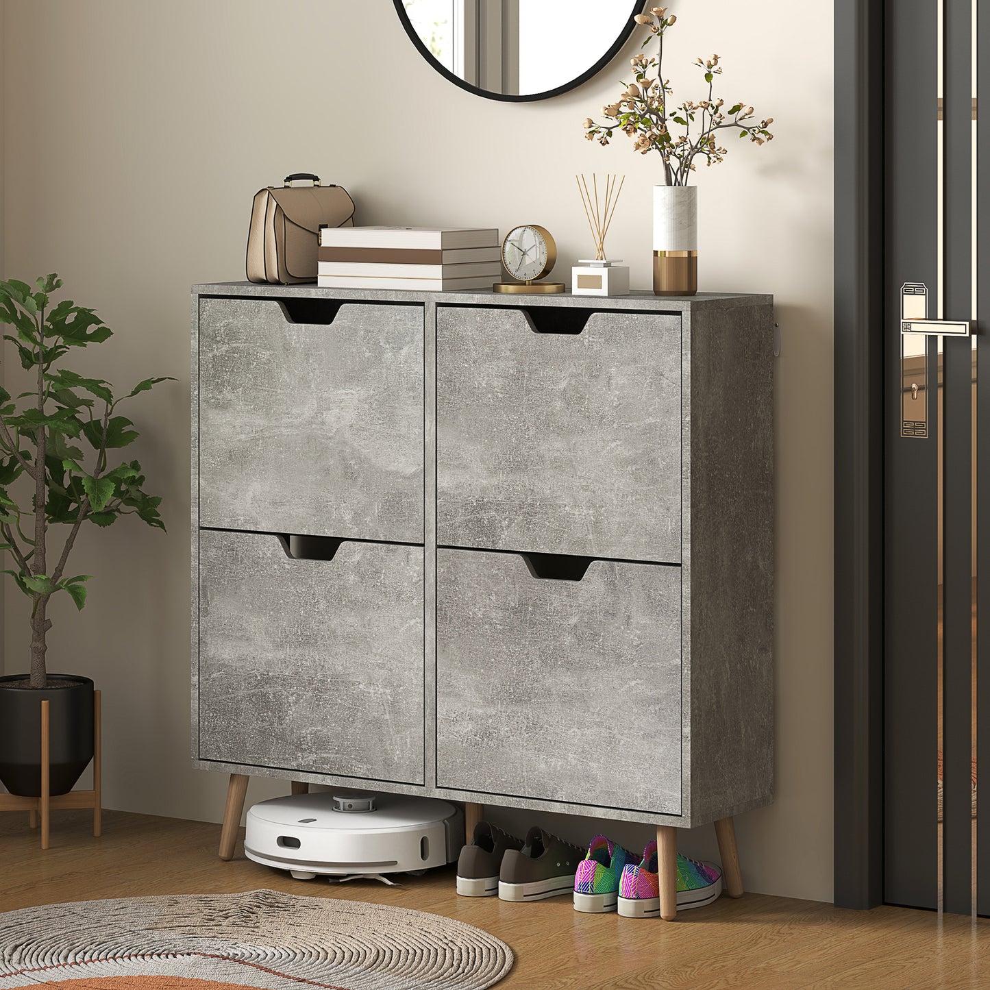 Dulap pentru încălțăminte cu 4 sertare rabatabile pe 2 niveluri pentru 16 perechi, din lemn, 95x26x95 cm, gri