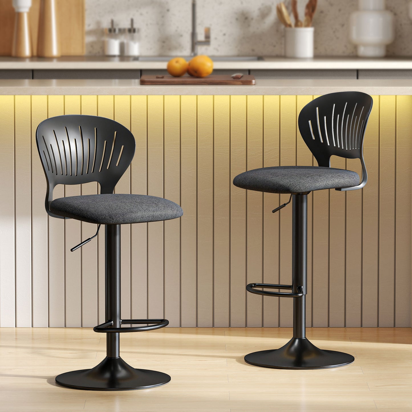 Set 2 Scaune de Bar Reglabile, Scaune de Bucătărie Înalte din Material Textil cu Efect de In cu Spătar, Suport pentru Picioare și Șezut Moale, Cadru Metalic, Scaune Rotative la 360°, Negru