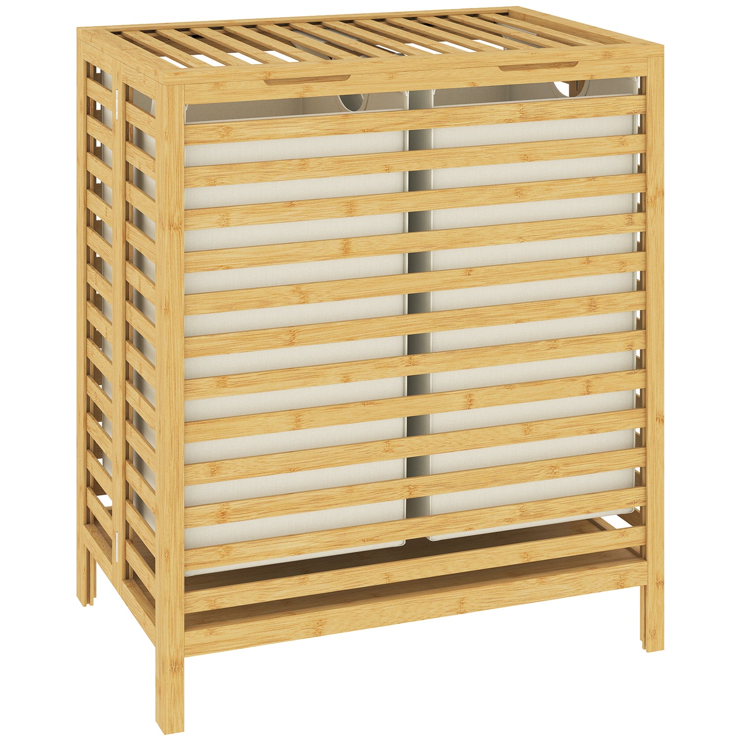 Coș de Rufe din Bambus 64L cu Capac, 2 Saci din Material Oxford Detașabili și Lavabili, Culoare Lemn