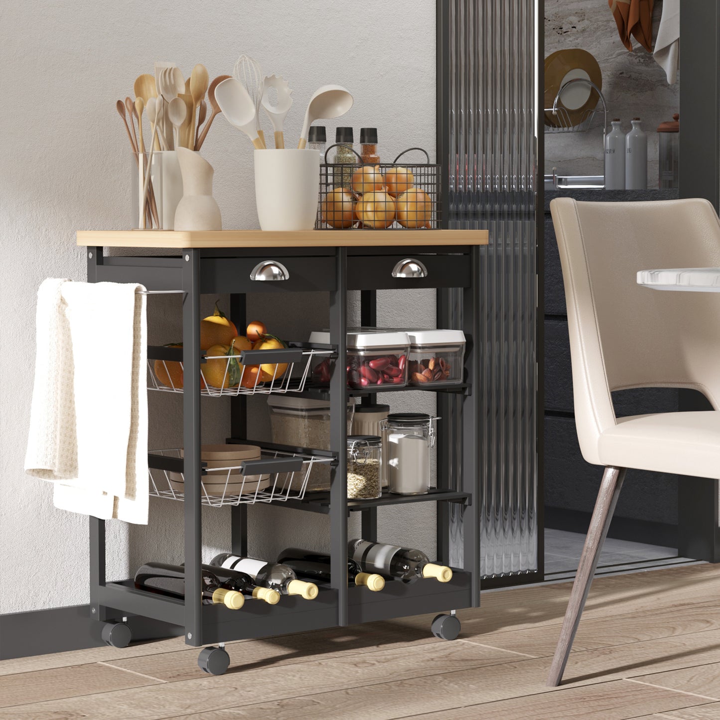 Cărucior de Bucătărie Multifuncțional din Lemn de Pin, 74x37x75 cm, Negru