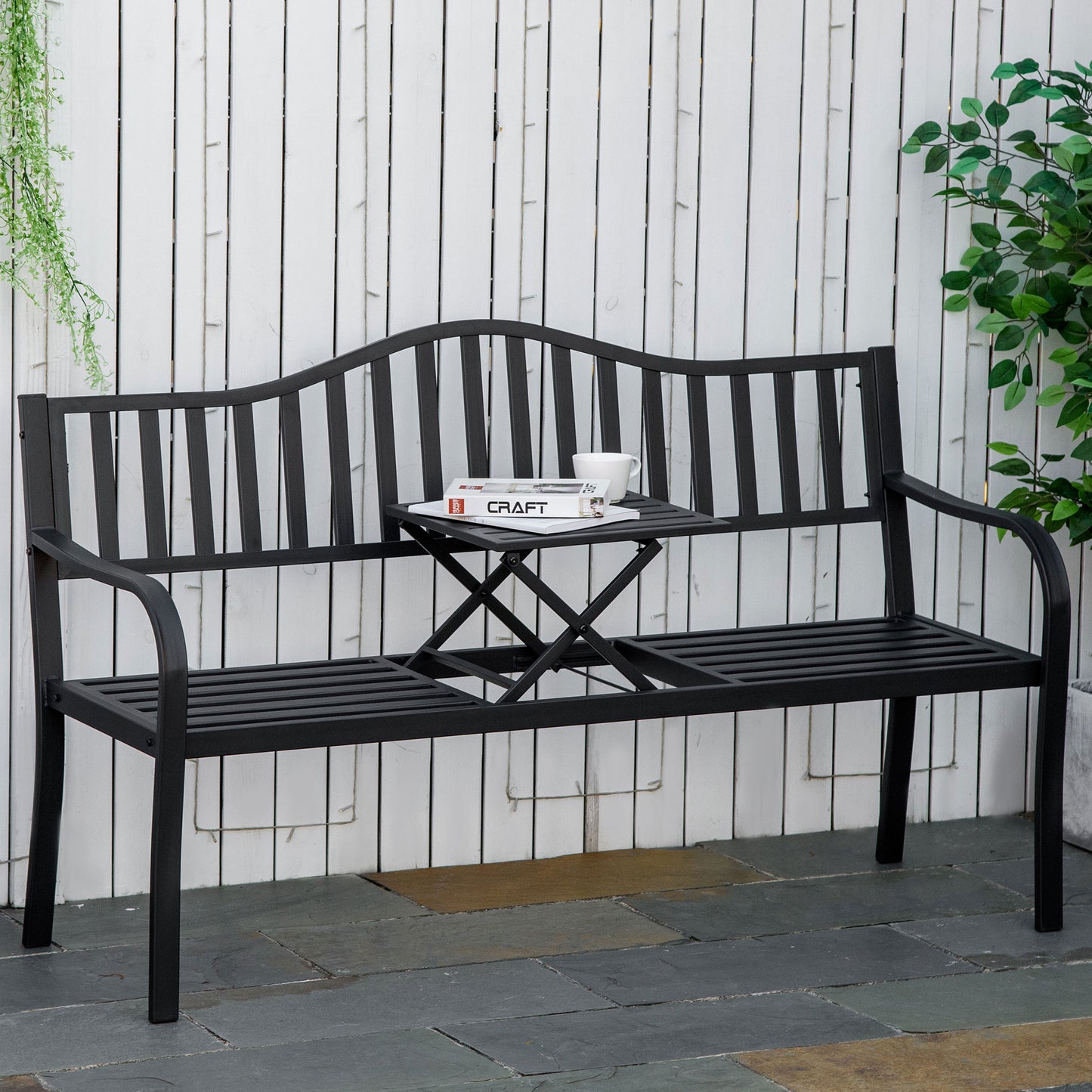 , Băncuță de grădină, Cu masă de cafea integrată, Metal,150 x 58.5 x 90 cm, Negru