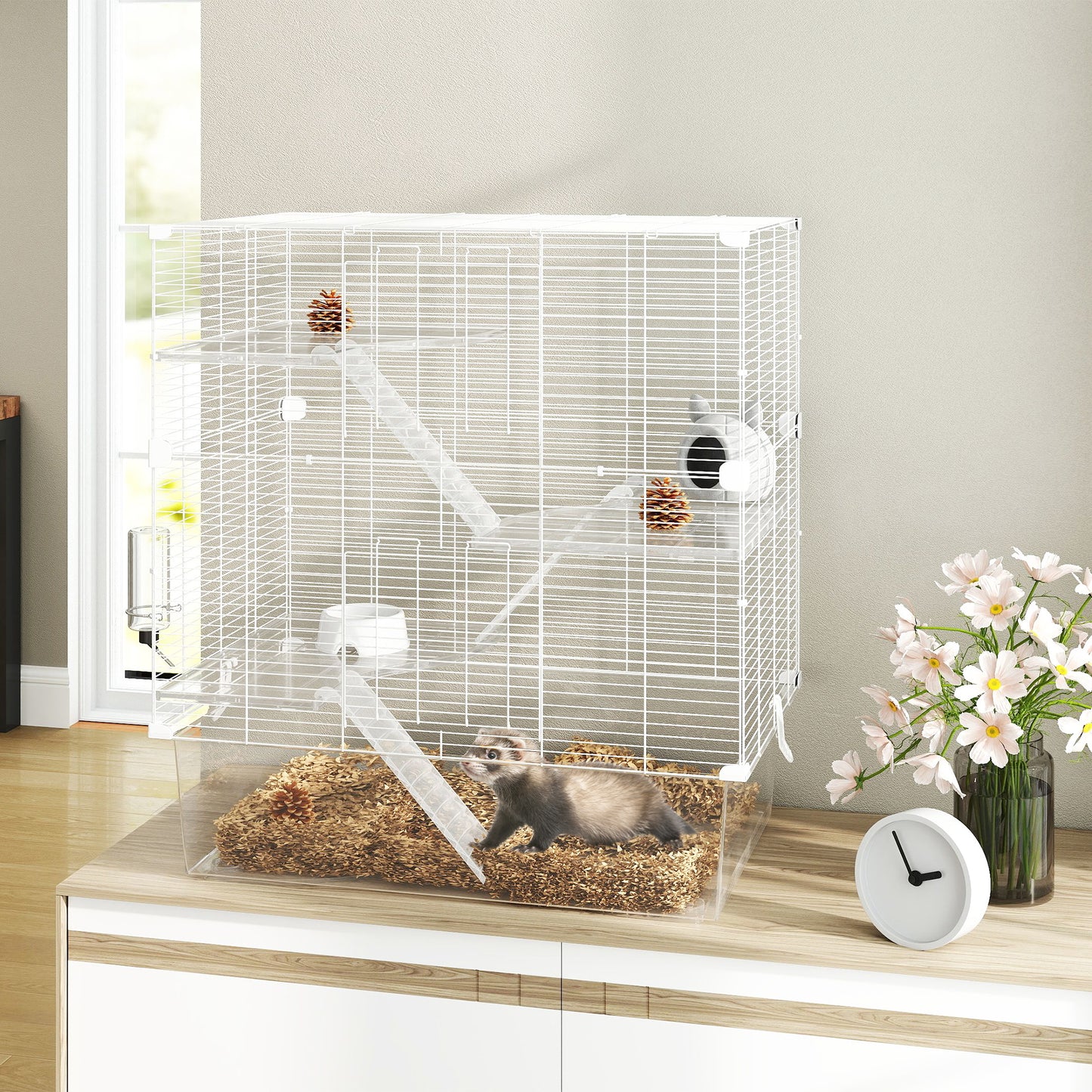 Cușcă pentru rozătoare pe mai multe niveluri cu accesorii incluse, din oțel, PET și PS, 73x47x80 cm, alb