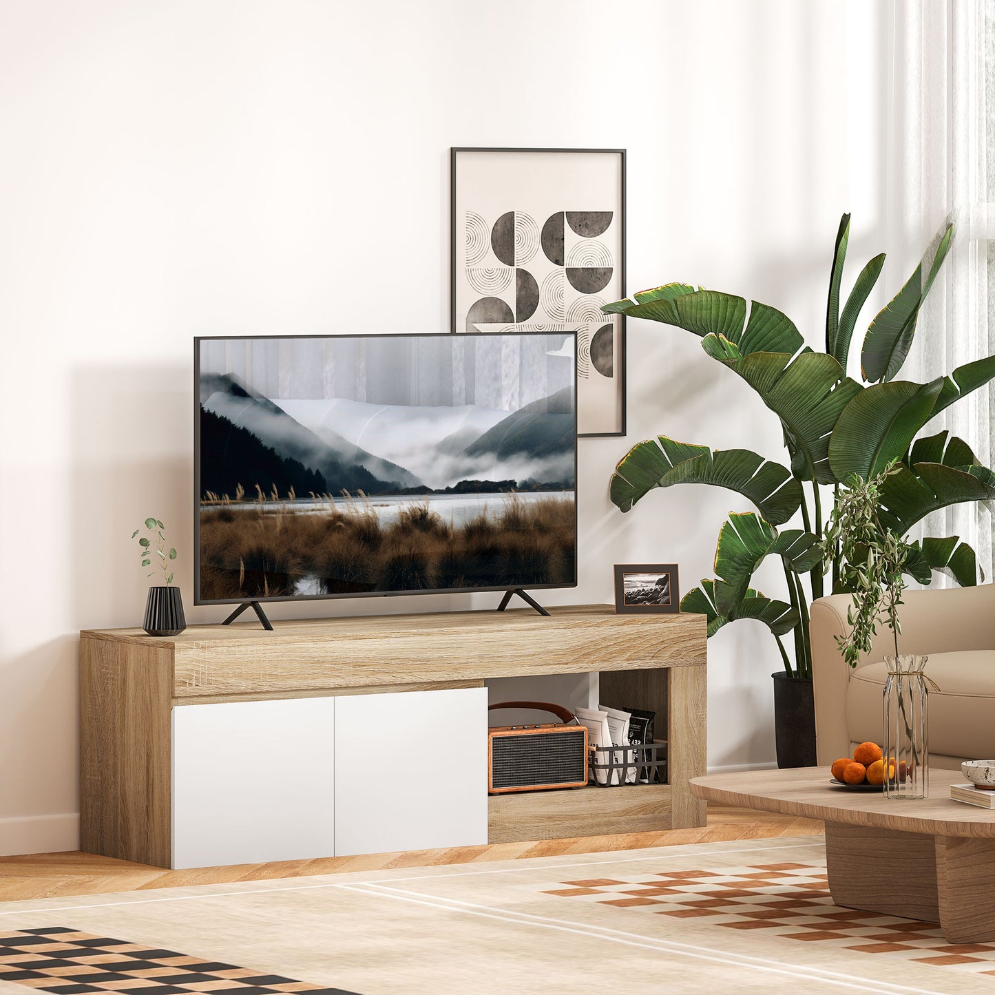 Dulap pentru TV de 60" cu Dulăpior, 2 Uși și Raft Deschis, Mobilier TV din Lemn, 140x40x48 cm, Lemn Natural