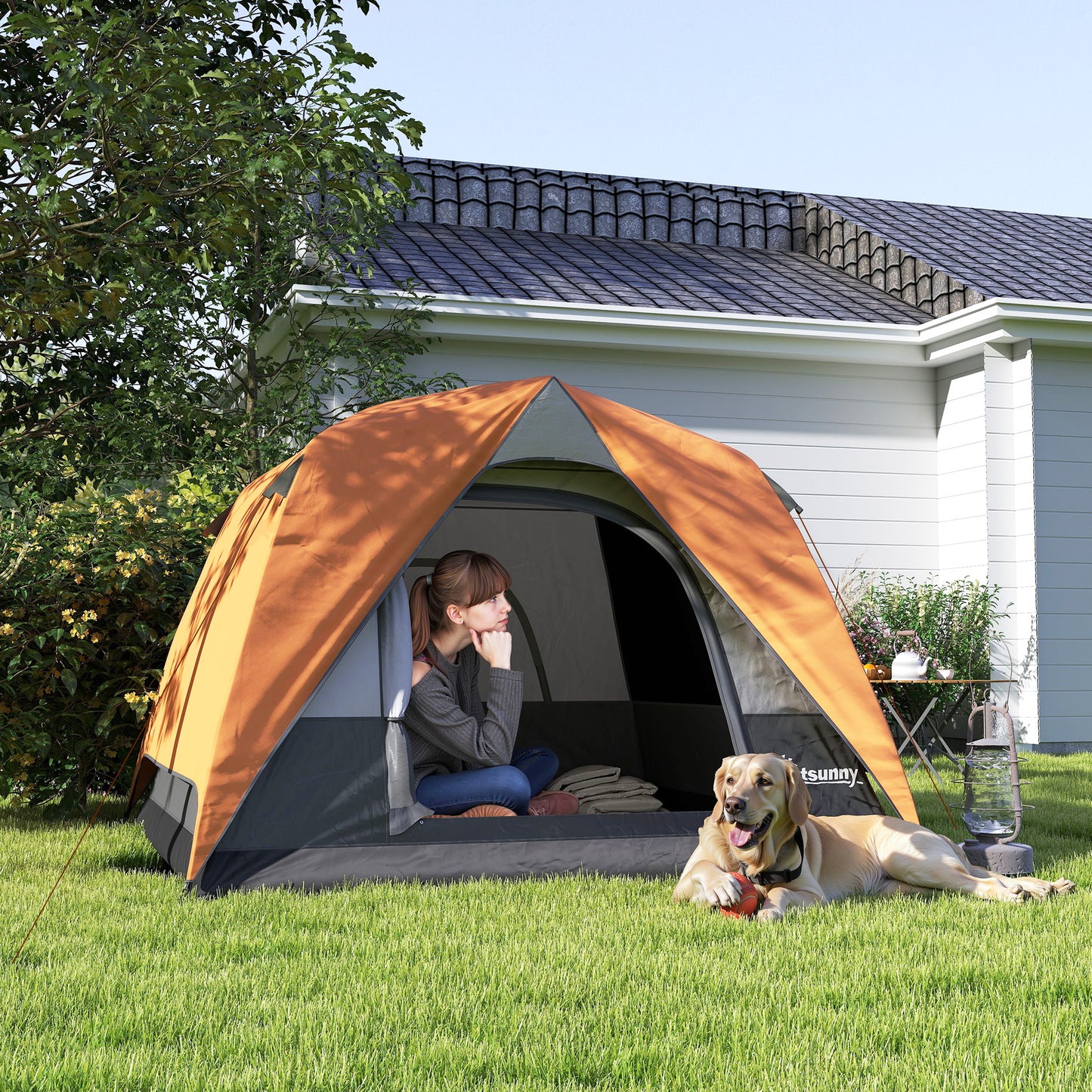 Cort de Camping pentru 3 Persoane cu Buzunare Detașabile și Geantă de Transport, 200x200x135 cm, Portocaliu