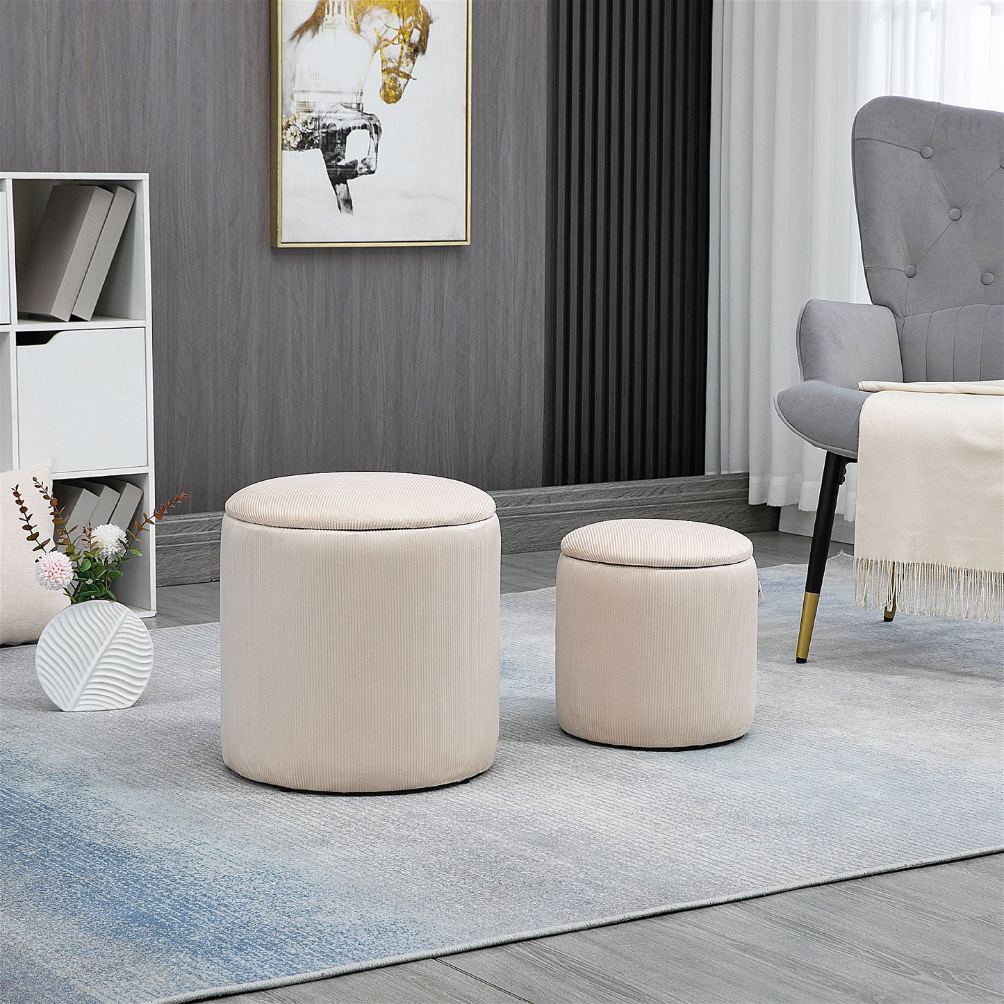 Set de 2 Taburete Rotunde cu Spațiu de Depozitare, Tapițate cu Catifea Fină, Alb