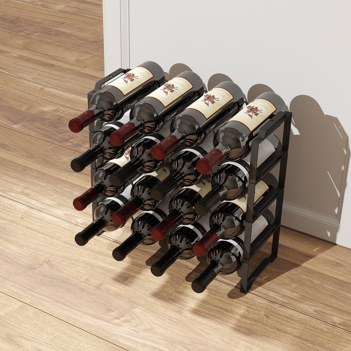 Suport pentru Sticle cu 4 Nivele Ondulate Stivabile pentru 16 Sticle, din Metal, 42,5x16,5x41 cm, Negru