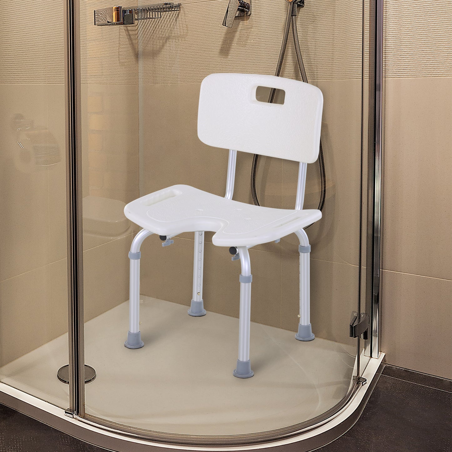 Scaun de Duș Reglabil pe 8 Nivele cu Orificii de Drenaj și Șezut în Formă de U, 48x42x71-83,5 cm, Alb