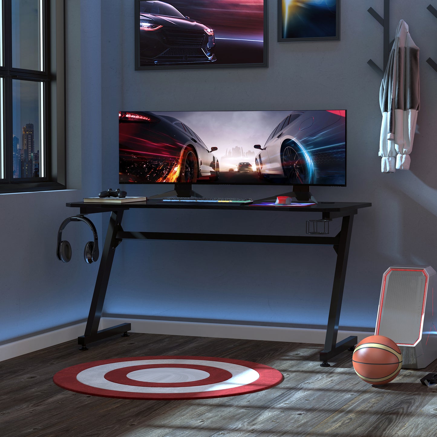 Gaming Desk, Masă Gaming cu Management Cabluri, Suport Pahare și Cârlig pentru Căști, Negru, 120×65×74,5 cm