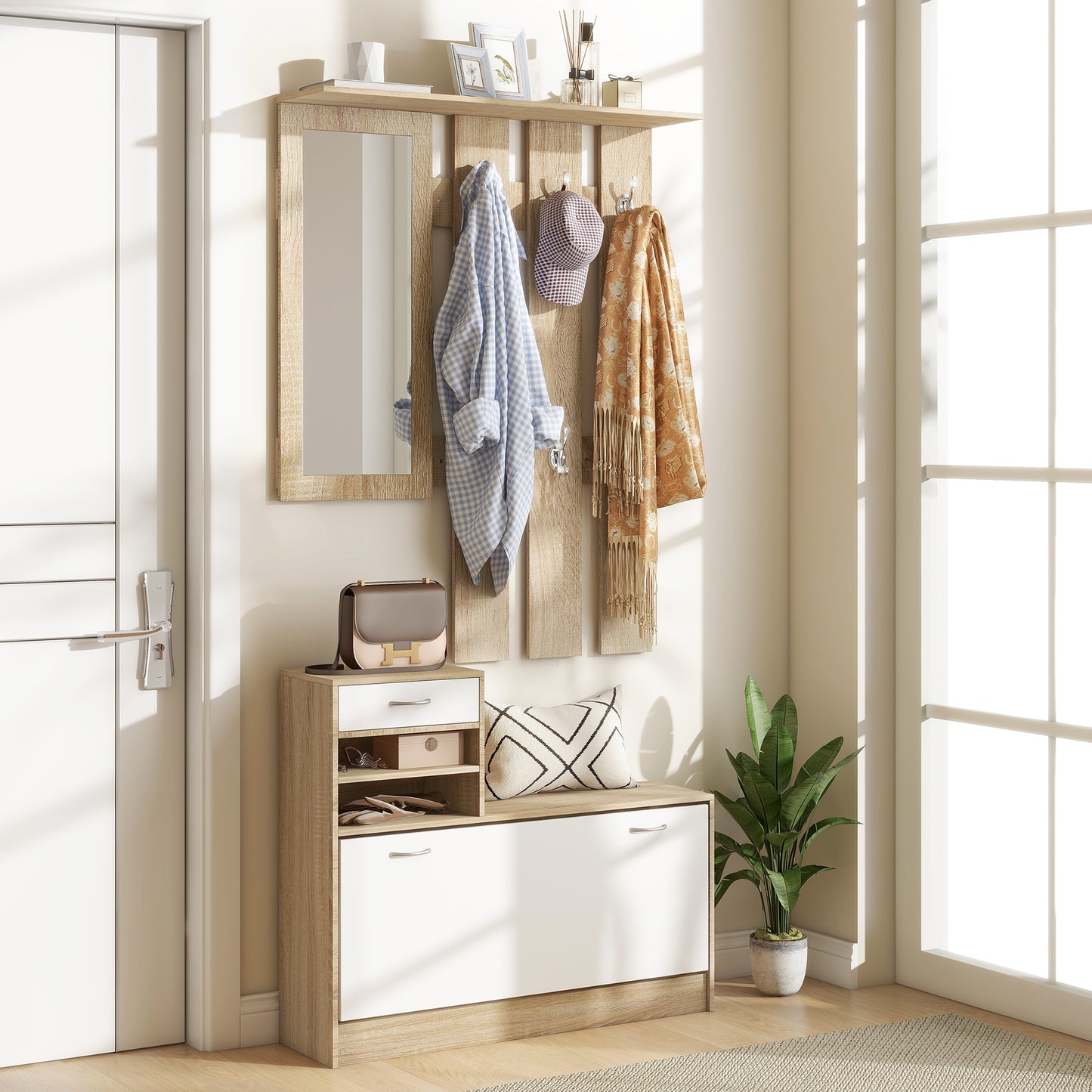 Set de Mobilier pentru Hol cu Raft pentru Pantofi, Oglindă și 2 rafturi Reglabile, 90x24x177 cm, Lemn Natural