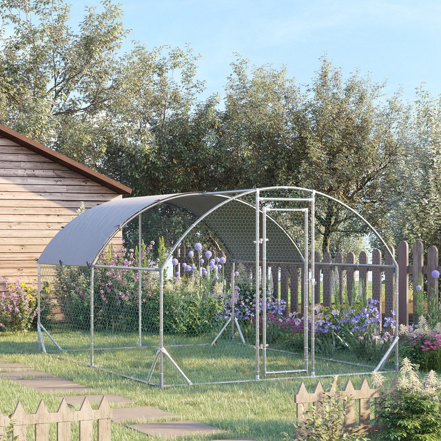 țarc pentru găini din metal galvanizat cu acoperiș și acoperire anti-UV, 280x380x197 cm, argintiu
