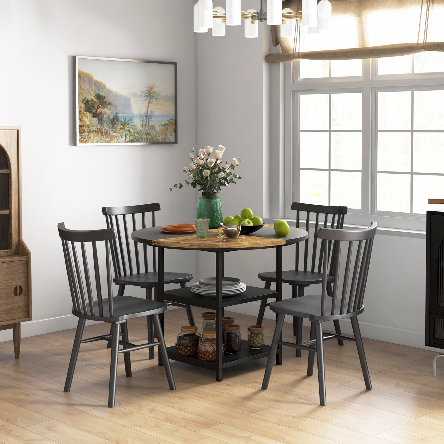 Masă de Dining pentru 4-6 Persoane cu 2 Rafturi Integrate, din Oțel și MDF, Ø100x76 cm, Negru și Maro