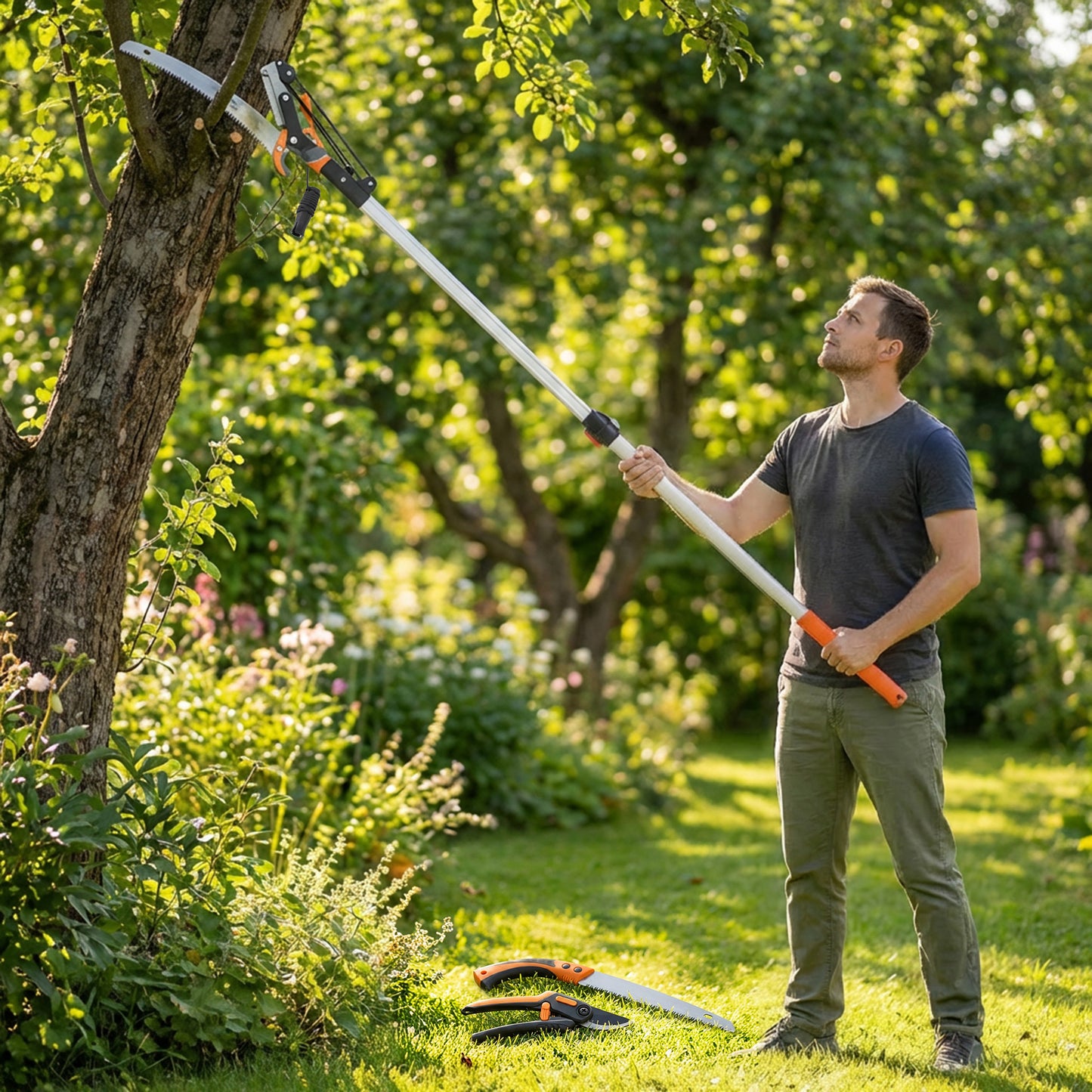 Fierăstrău Manual 2-în-1 cu Tijă Telescopică din Aluminiu de 2-3 m, Fierăstrău de Tăiere și Foarfecă cu Blocare de Siguranță
