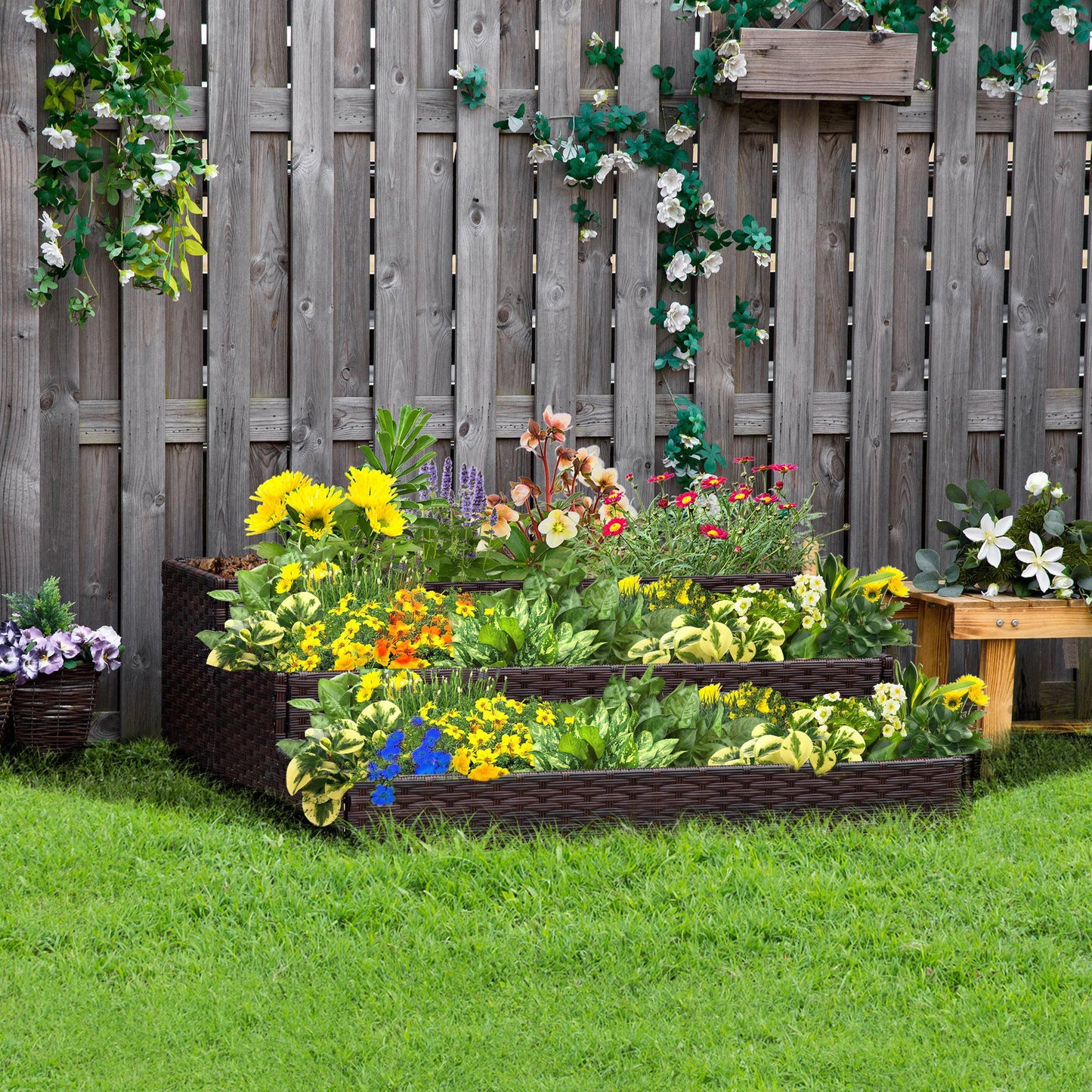 Pat de gradina inaltat cu 3 niveluri din ratan sintetic fara fund pentru plante si legume, 120x120x40cm, gri