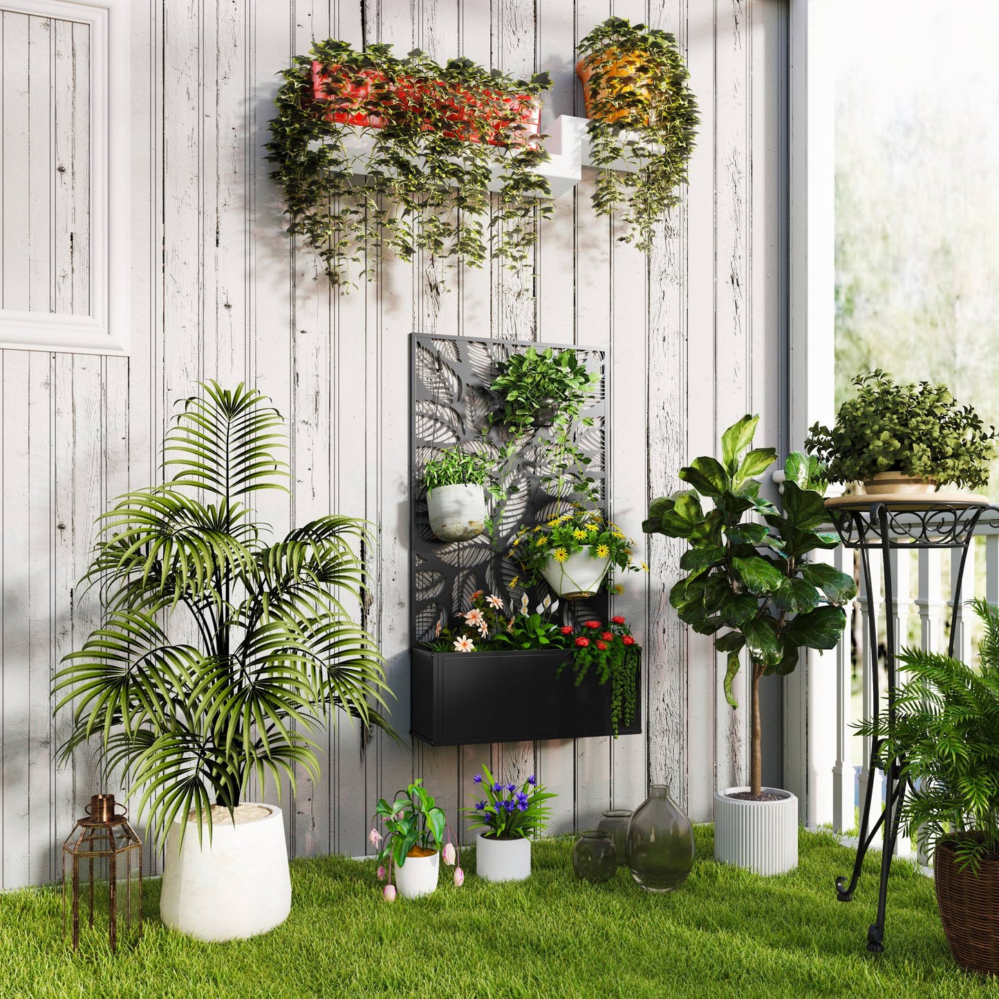 Jardinieră Ridicată cu Spalier Decorativ pentru Plante Cățărătoare, de Podea sau de Perete, 61x23x113 cm, Negru