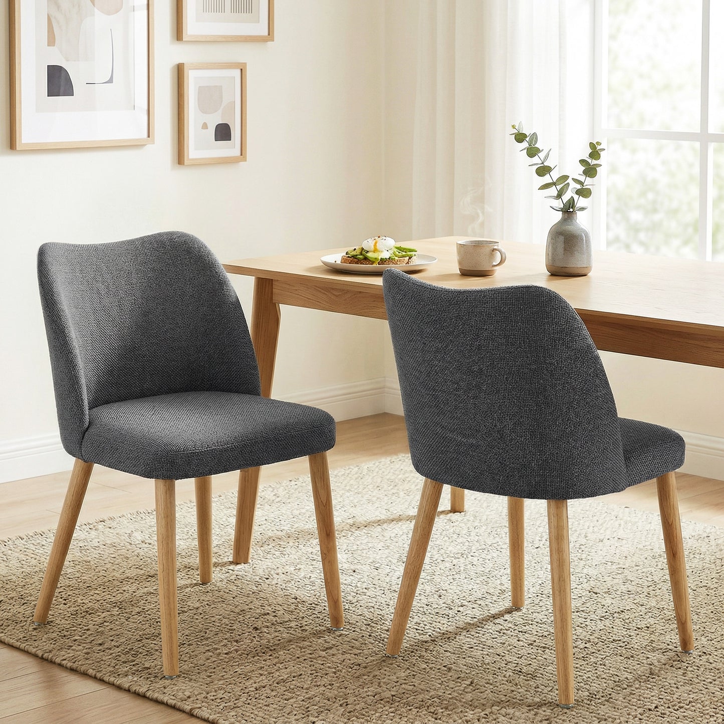 Set 2 Scaune Moderne cu Tapițerie din In, Șezut Confortabil, Spătar Curbat, Picioare din Lemn, Asamblare Ușoară pentru Bucătărie, Cameră, Living.