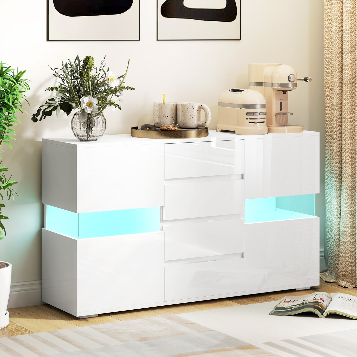 Bufet cu Lumini LED Reglabile prin Telecomandă, Mobilier de Sufragerie cu 4 Sertare și 2 Dulapuri, 120x34x70 cm, Alb