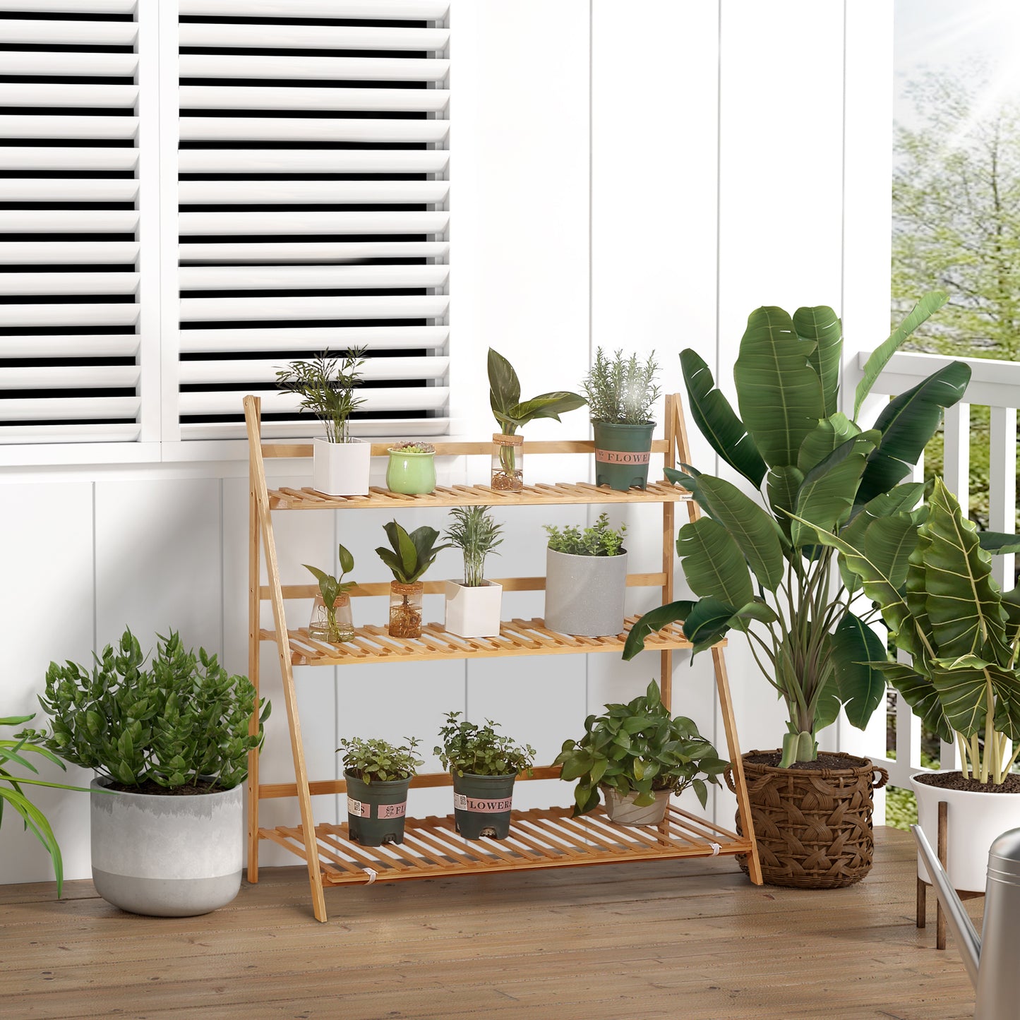 Jardiniera de exterior din bambus cu 3 niveluri cu design inaltat si pliabil, 98x37x96,5 cm, culoarea lemnului