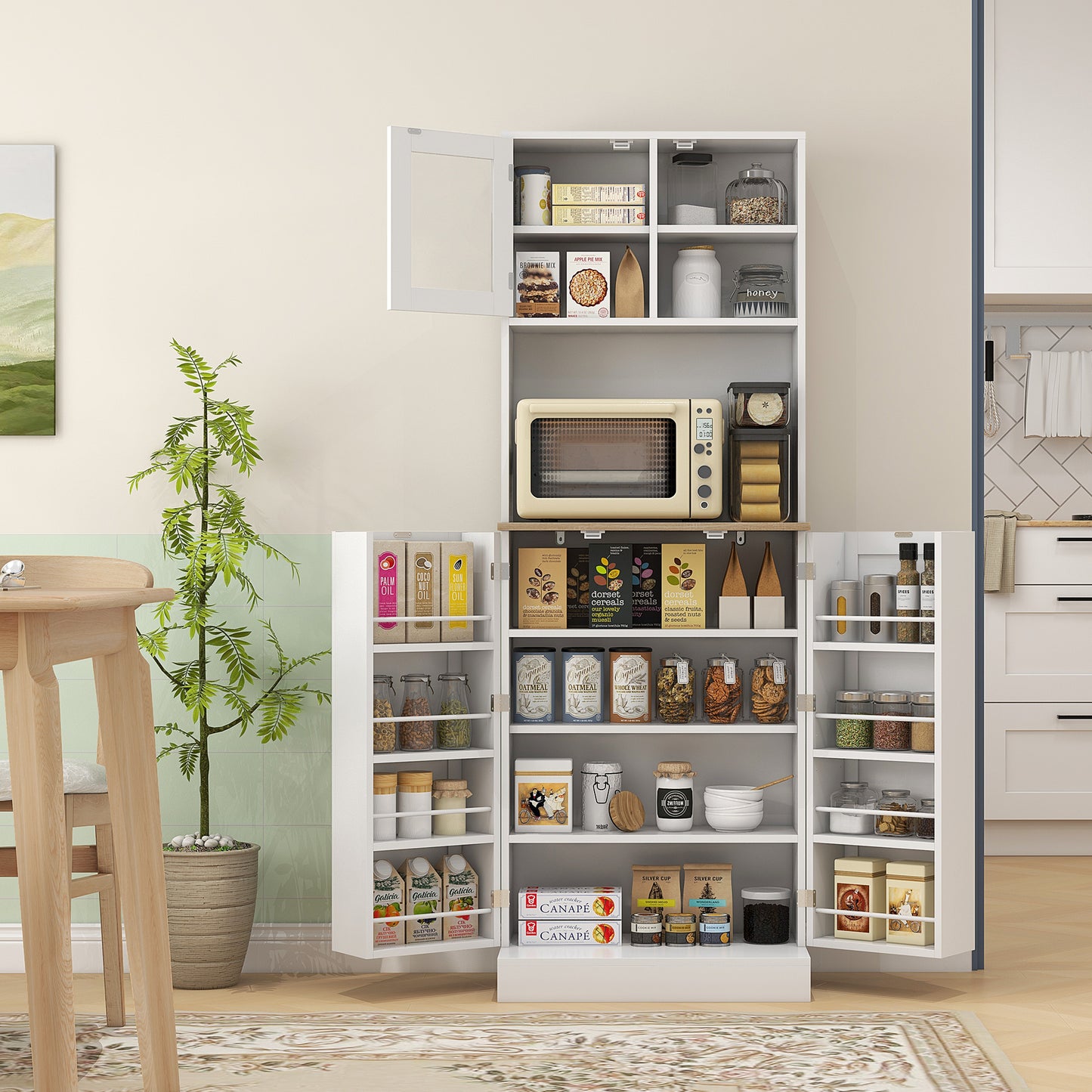 Dulap de Bucătărie pentru Cuptor cu Microunde cu Rafturi Deschise și Dulap cu Suport pentru Condimente, 60x35x169 cm, Alb