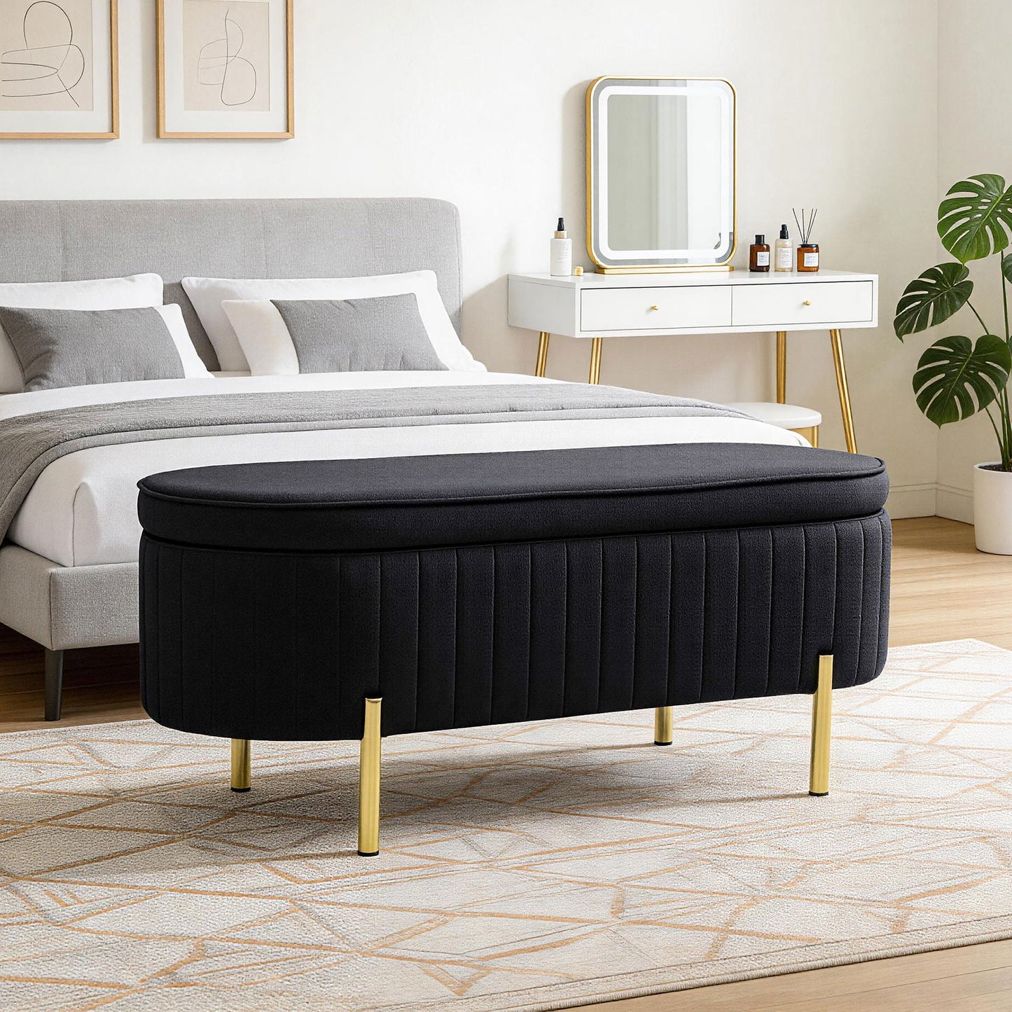 Bancă de Depozitare Ovală 72L cu Capac Rabatabil, din Catifea și Lemn, 108 x 44 x 43,5 cm, Negru