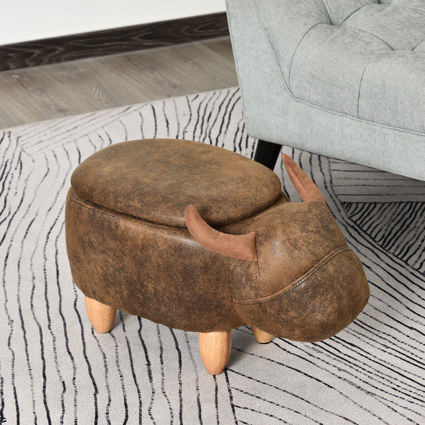 Pouf Cutie Suport pentru picioare in Forma de Bivol Capitonat 62x35x36cm Maro
