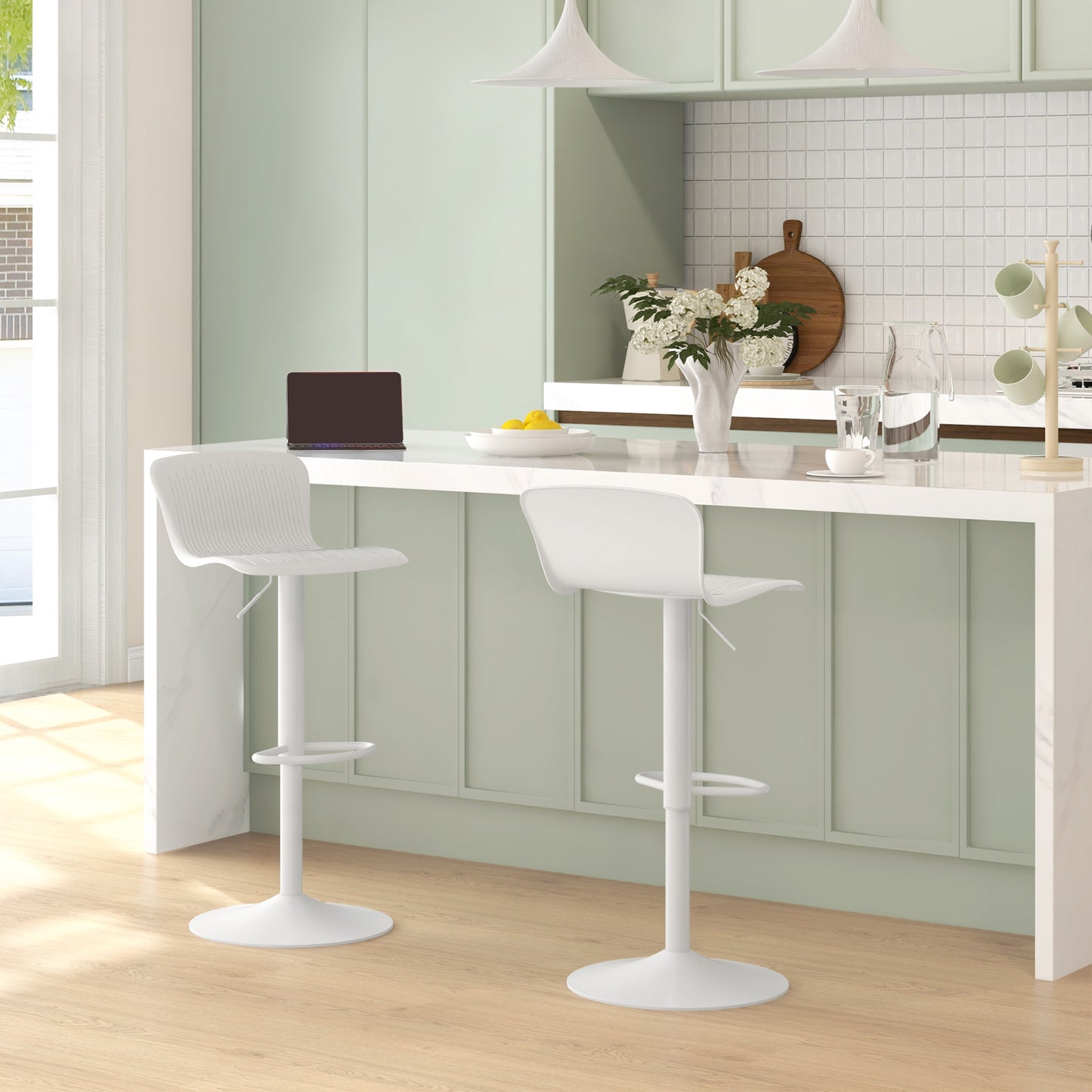 Set 2 Scaune de Bar cu Spătar Ergonomic, Suport pentru Picioare și Șezut Rotativ, 38,5x40x76,5-97,5 cm, Alb