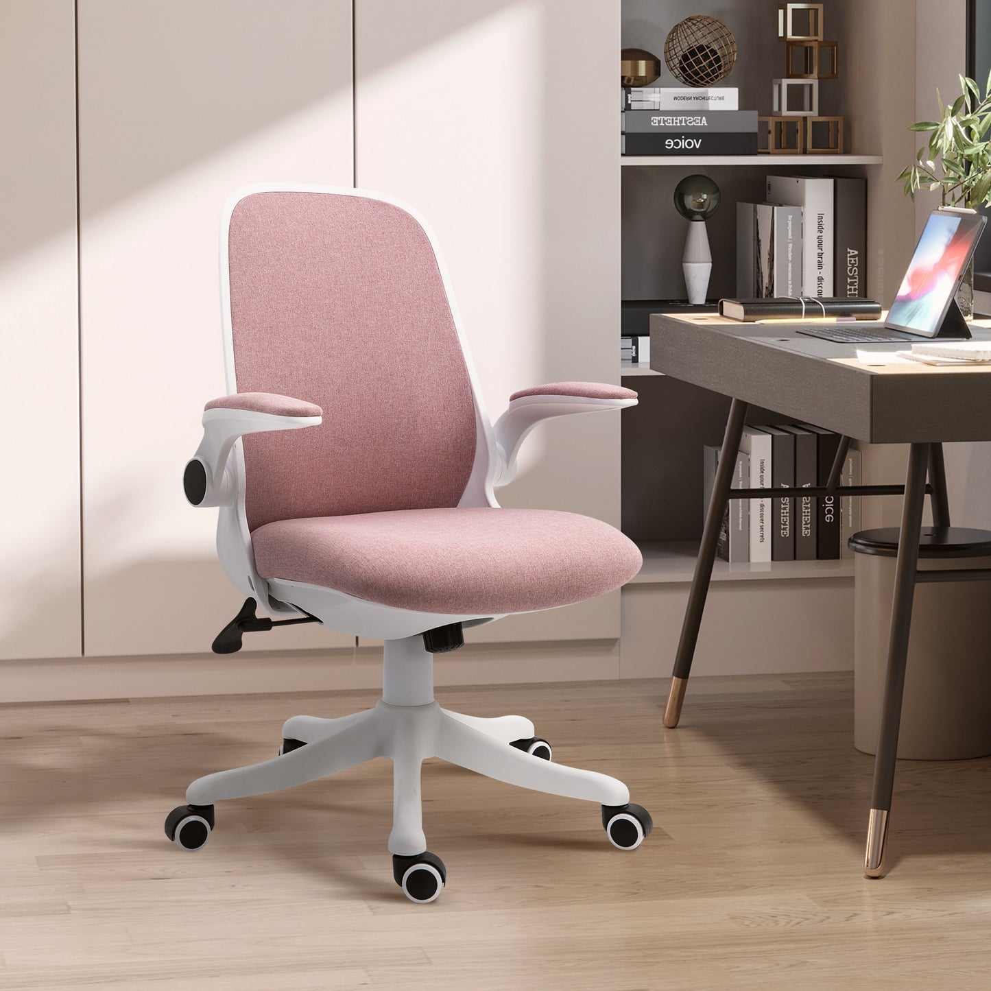 Scaun de Birou Ergonomic Reglabil pe Înălțime, din Material cu Efect de Catifea, 62.5x60x94-104 cm, Alb și Roz