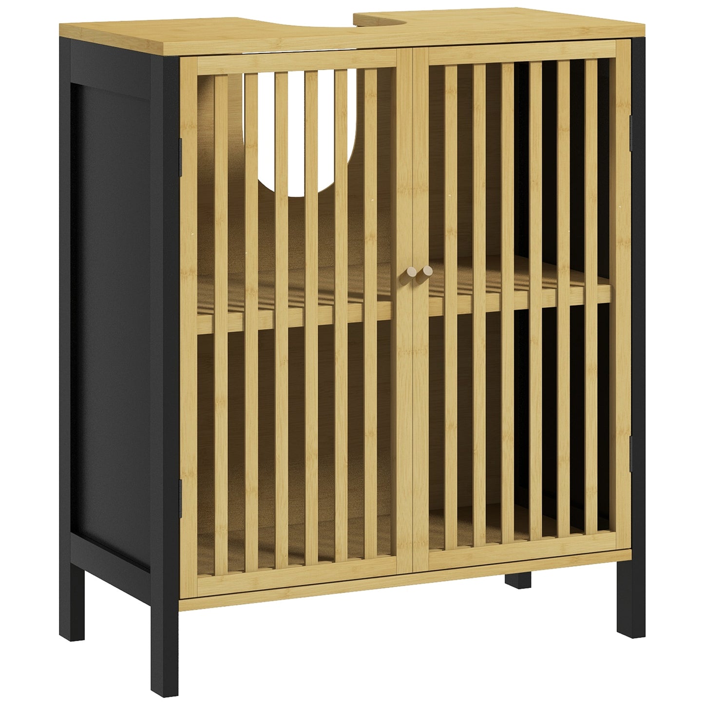Dulap sub Chiuvetă pentru Baie cu 2 Uși Tip Lamele din Lemn de Bambus și MDF cu Decupaj în U, 60x30x70cm