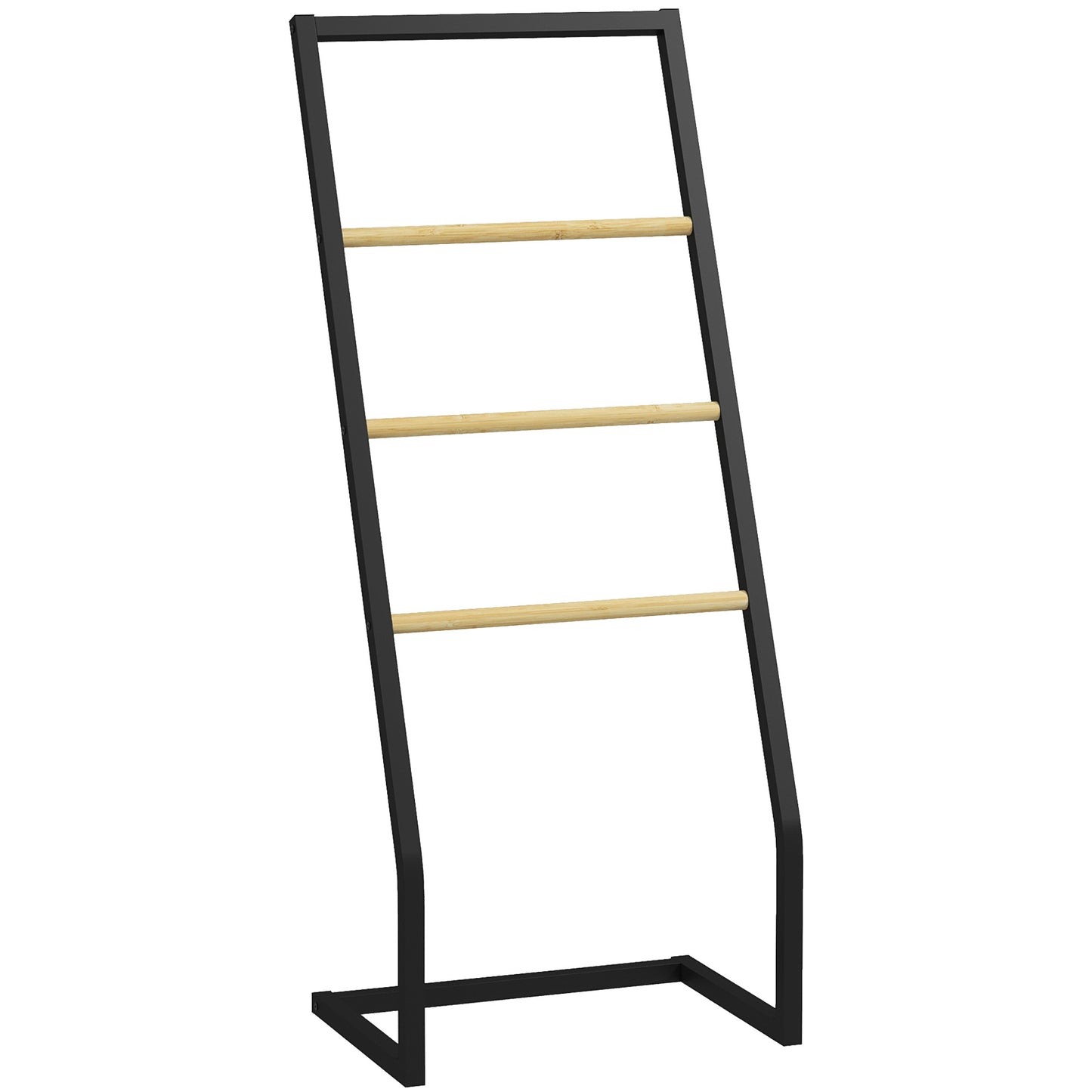 Suport pentru prosoape cu 4 bare din oțel și bambus, 40.5x28x98cm, negru și culoare lemn