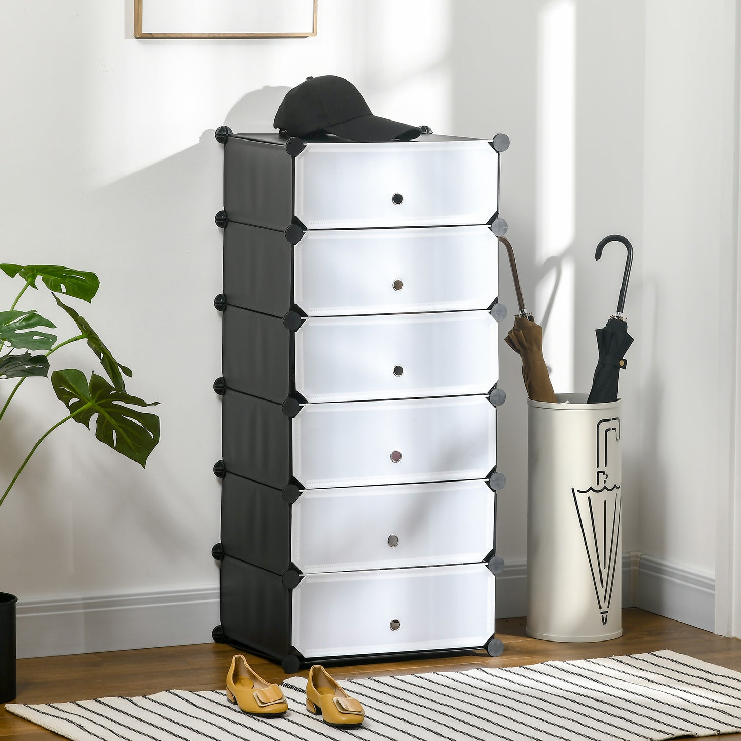 Mobilier pentru incaltaminte modular, 6 cuburi 49x36.5x108 cm din plastic PP si otel, Negru