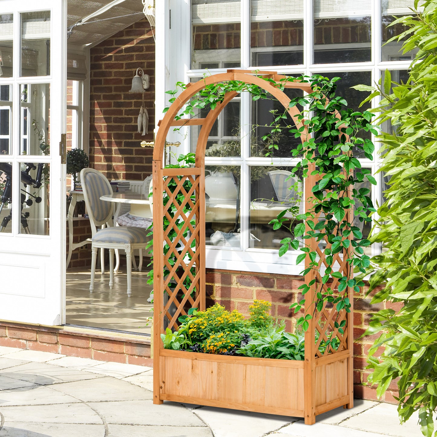 Jardiniera de Exterior din Lemn de Brad Maro cu Arc Decorativ si Grile pentru Plante Cataratoare, 83x36x152 cm