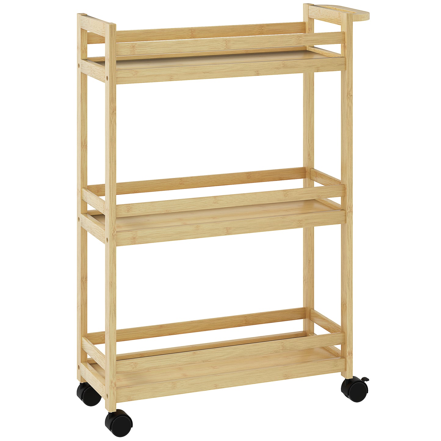 Raft de Baie din Bambus cu 3 Niveluri, Carucior Organizator cu Roți pentru Bucătărie, Baie, Living, 55 x 20 x 75 cm - Natural