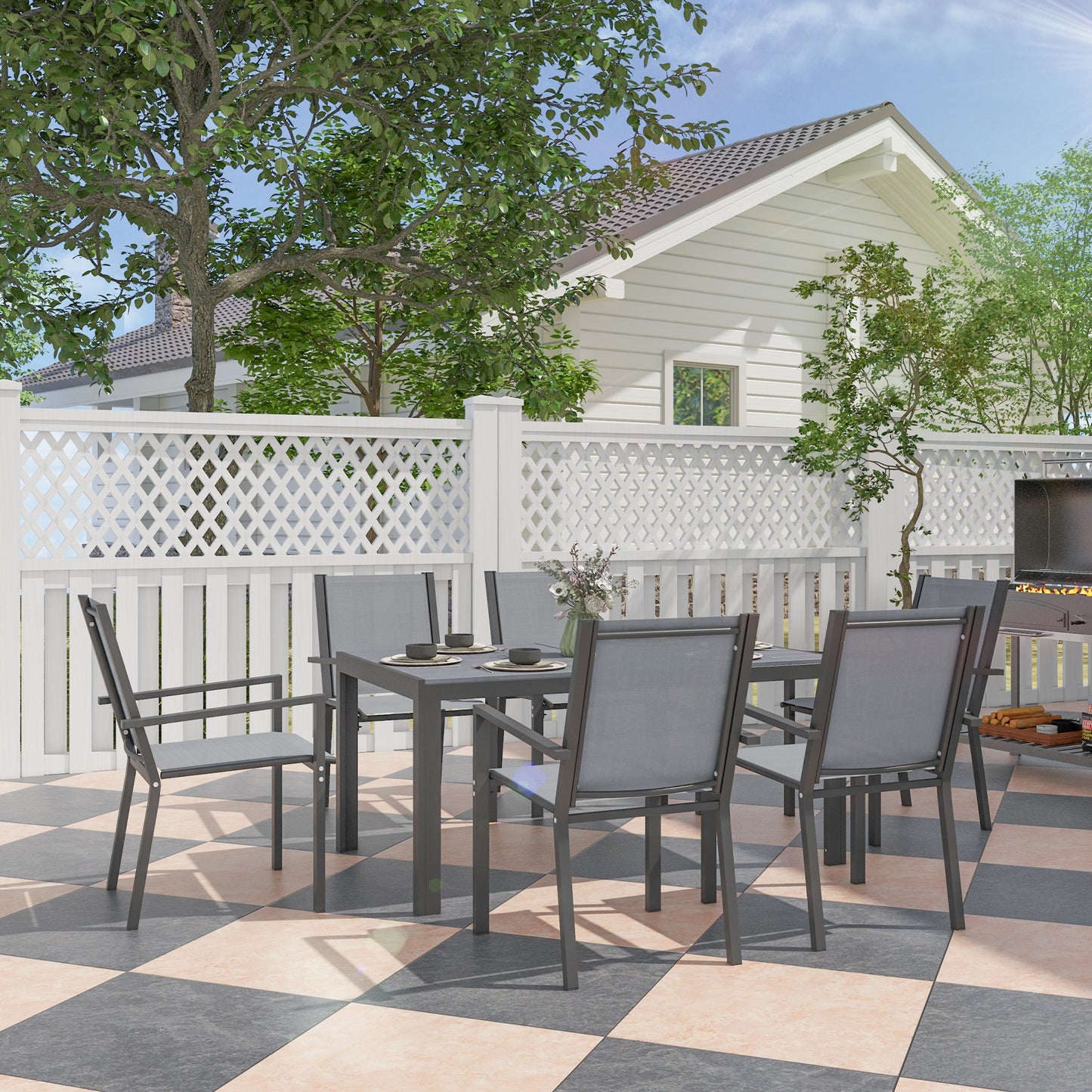 Set de Mobilier de Grădină cu 7 Piese, Masă și 6 Scaune Stivuibile, Mobilier din Oțel Textilen, Gri Deschis