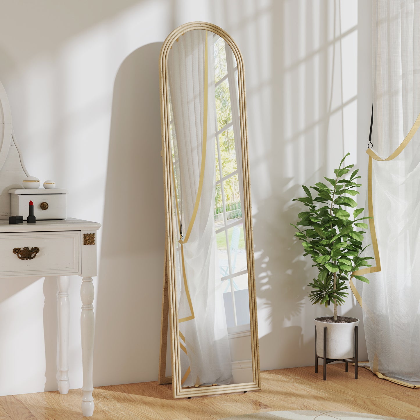 Oglindă de Podea și Perete Full Body cu Suport, Efect de Piatră și Formă Arcuită, 40x160 cm, Bej