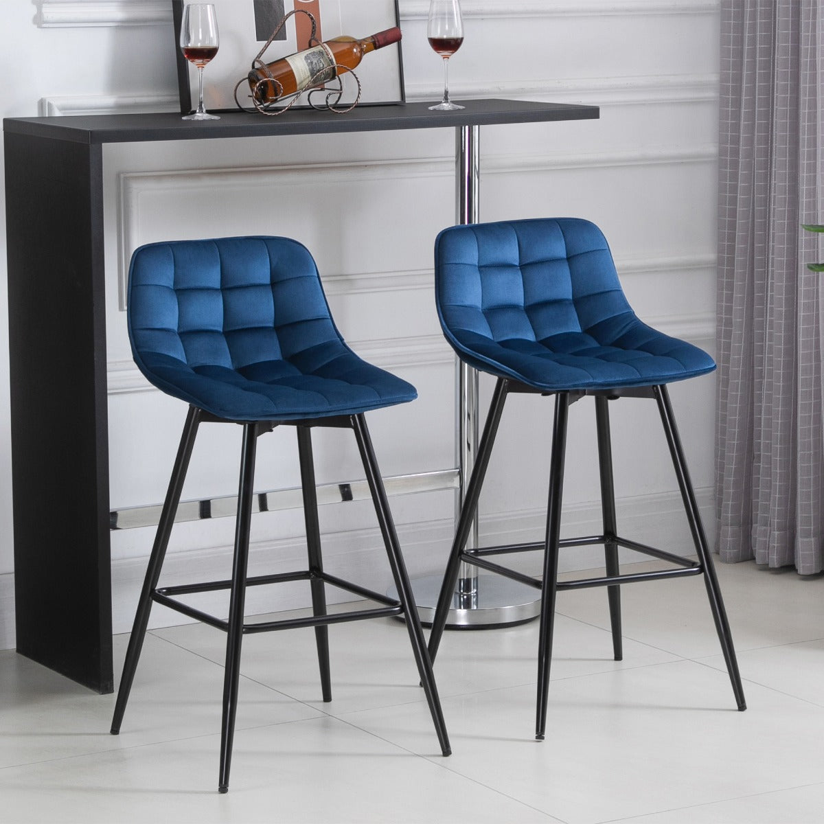 Set 2 Scaune Bar – Nordic, Catifea Albastra & Confort Sporit