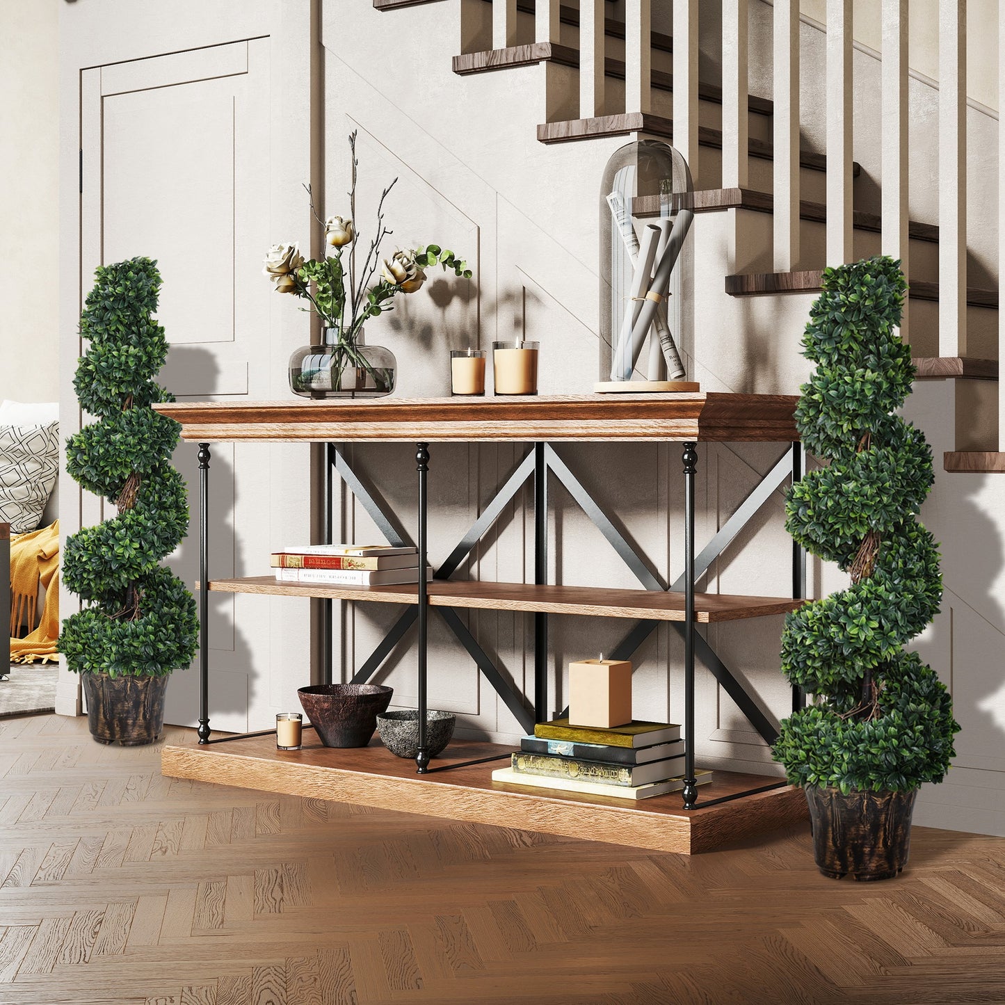 Set 2 Plante Artificiale de Buxus în Formă de Spirală pentru Interior și Exterior cu Ghiveci, Ø32x120 cm, Verde