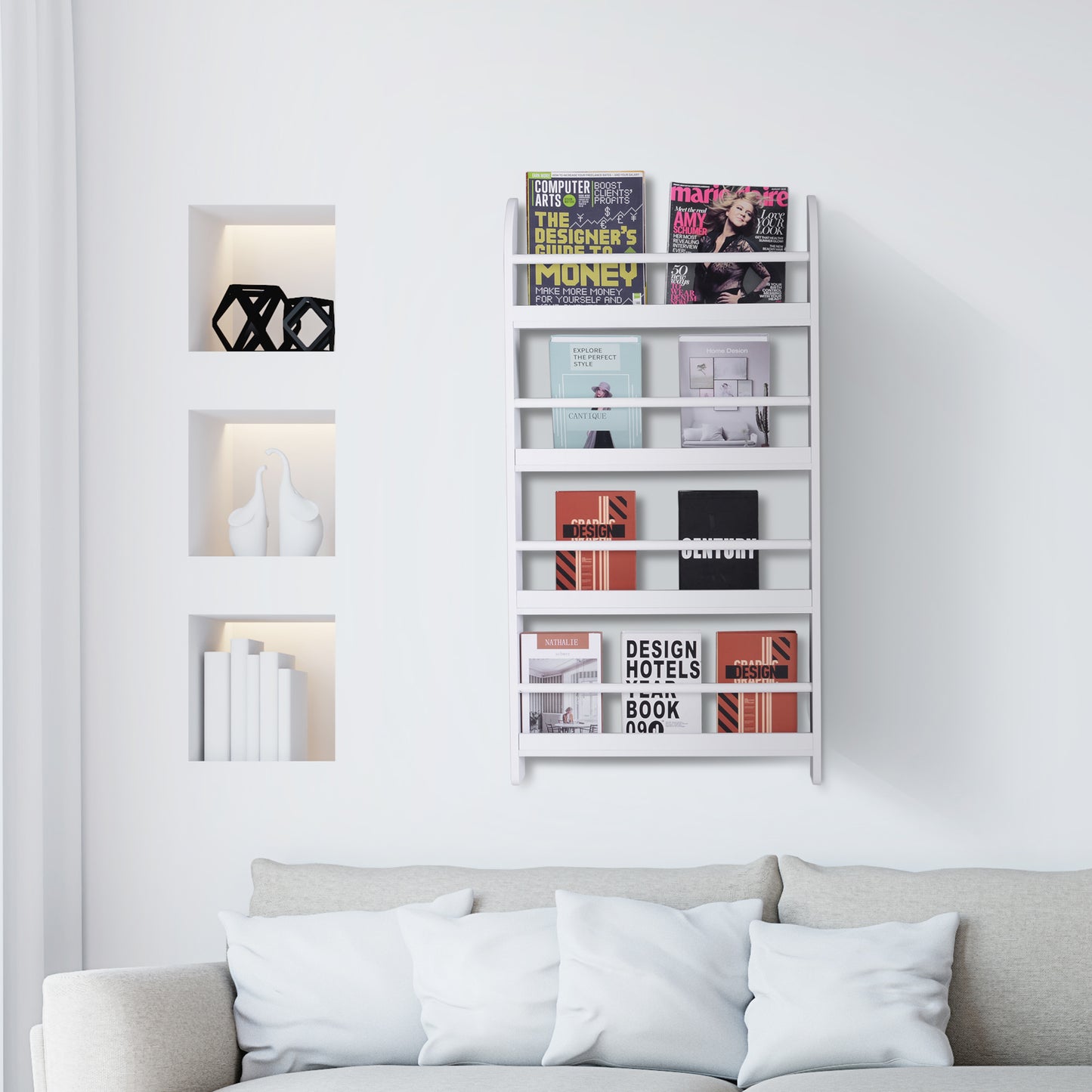 Etajeră de Perete cu 4 Rafturi, Librărie Suspendată din Lemn pentru Cărți, Raft Organizator Subțire, Alb, 59x12x113cm