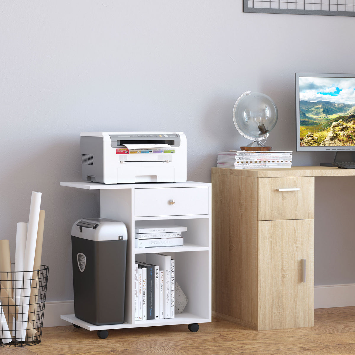 Dulap pentru Imprimantă din Lemn cu 4 Roți, Raft Reglabil și Suport pentru CPU, Alb