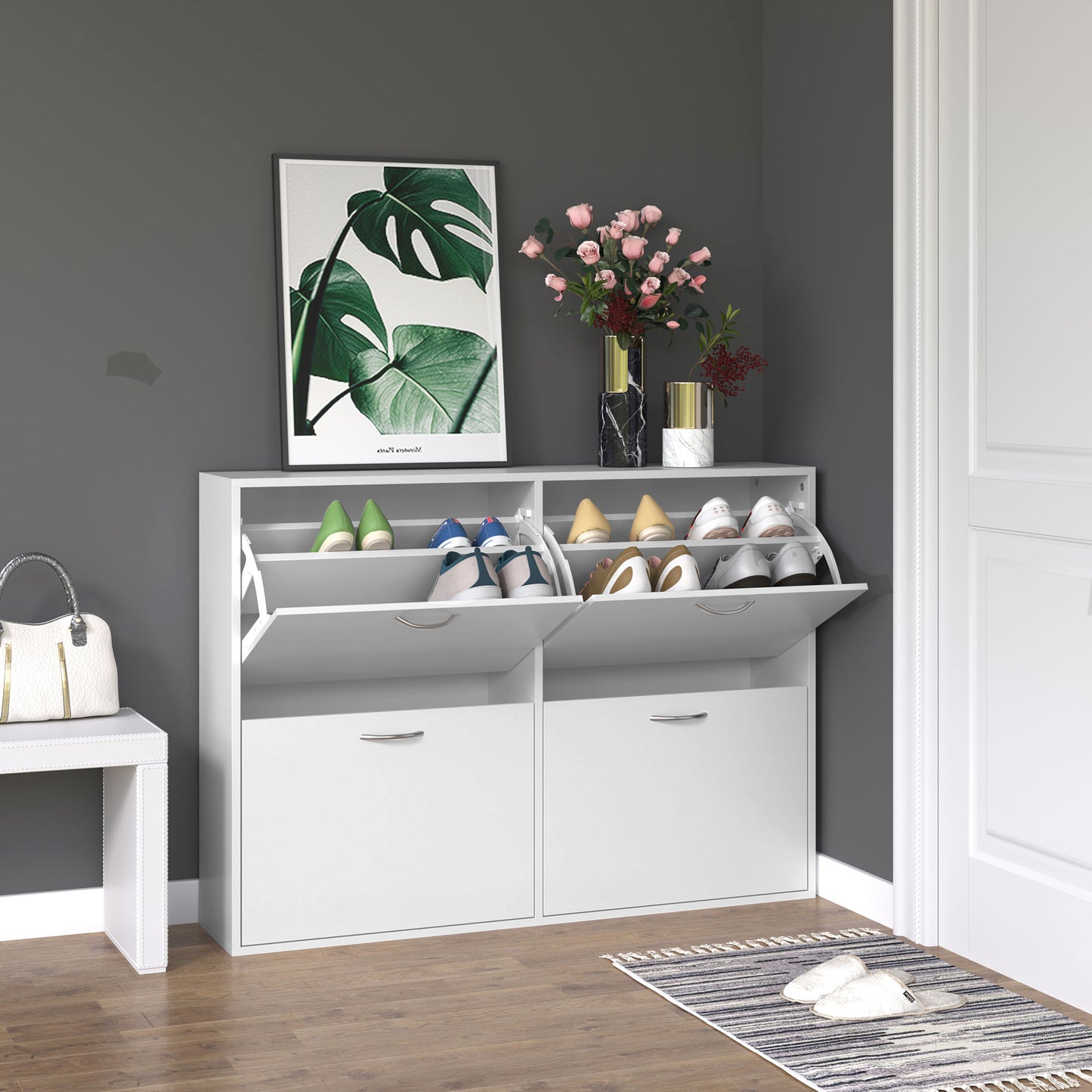 Dulap Pantofi Alb 120×24×81 cm – 24 Perechi, Design Lemn Compact